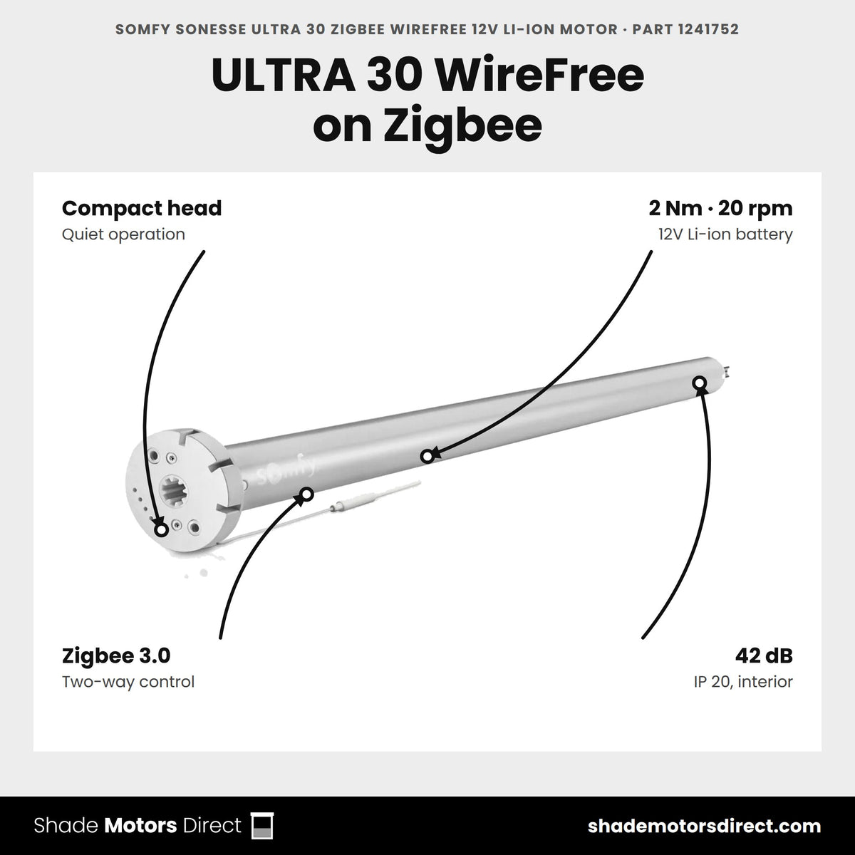 Somfy Sonesse Ultra 30 Zigbee WireFree 12V Li-ion Motor, part 1241752, features: 2 Nm, 20 rpm, 12V Li-ion, two-way Zigbee 3.0, 42 dB