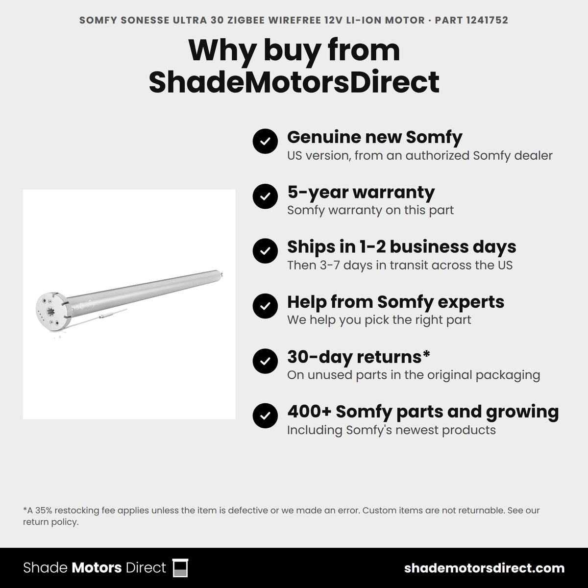 Buy the Somfy Sonesse Ultra 30 Zigbee WireFree 12V Li-ion Motor, part 1241752, genuine new with 5-year warranty, from ShadeMotorsDirect