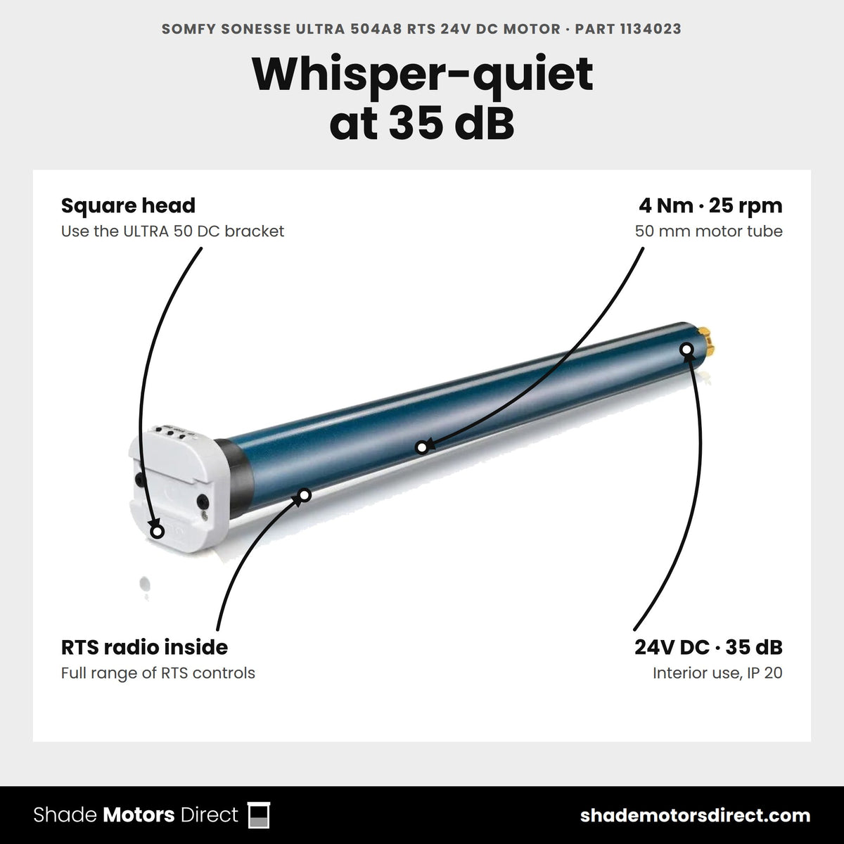 Somfy Sonesse ULTRA 504A8 RTS 24V DC motor, part 1134023, features: 35 dB, 4 Nm, 25 rpm, square head, built-in RTS radio