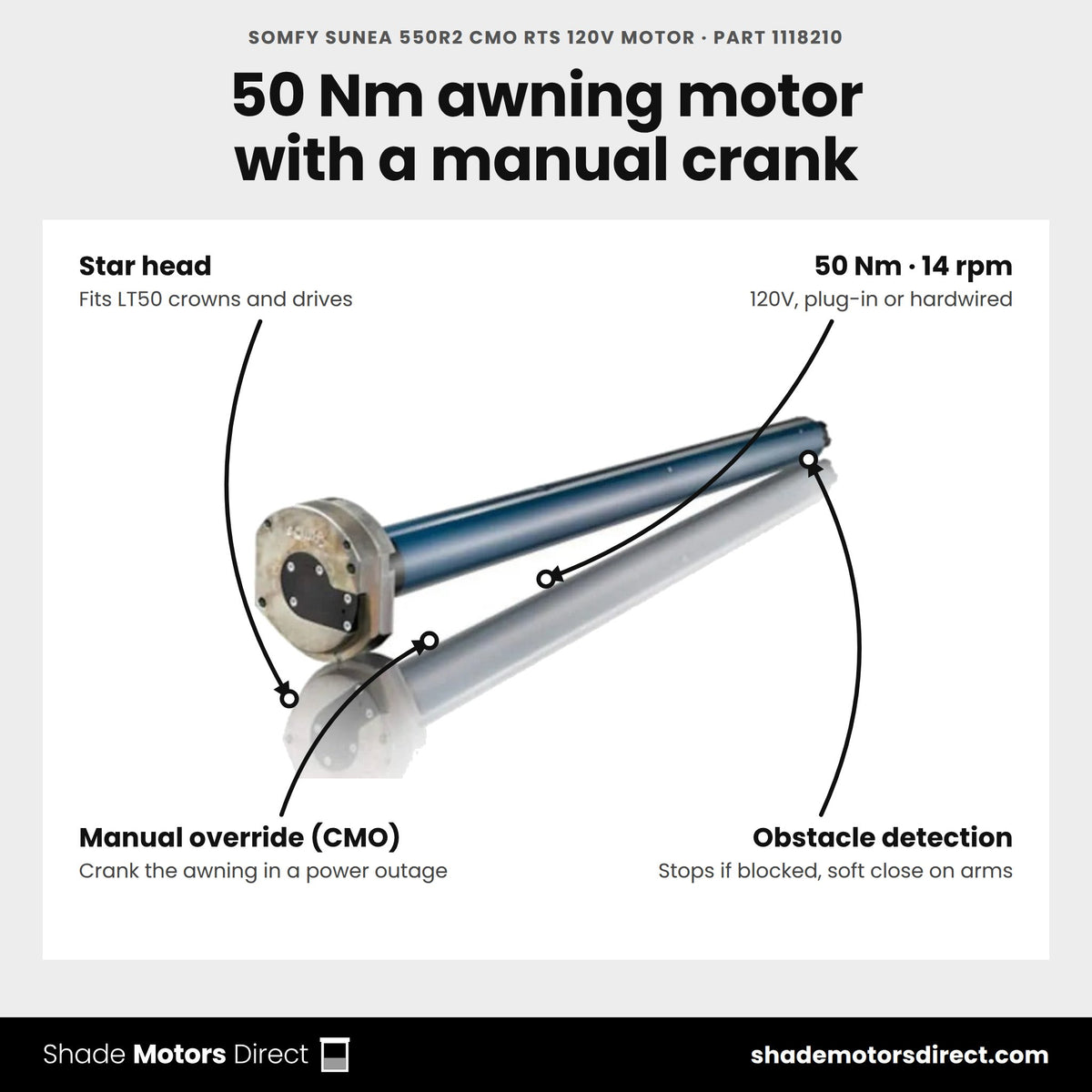 Somfy Sunea 550R2 CMO RTS 120V awning motor, part 1118210, features: 50 Nm, 14 rpm, manual override crank, obstacle detection, RTS radio