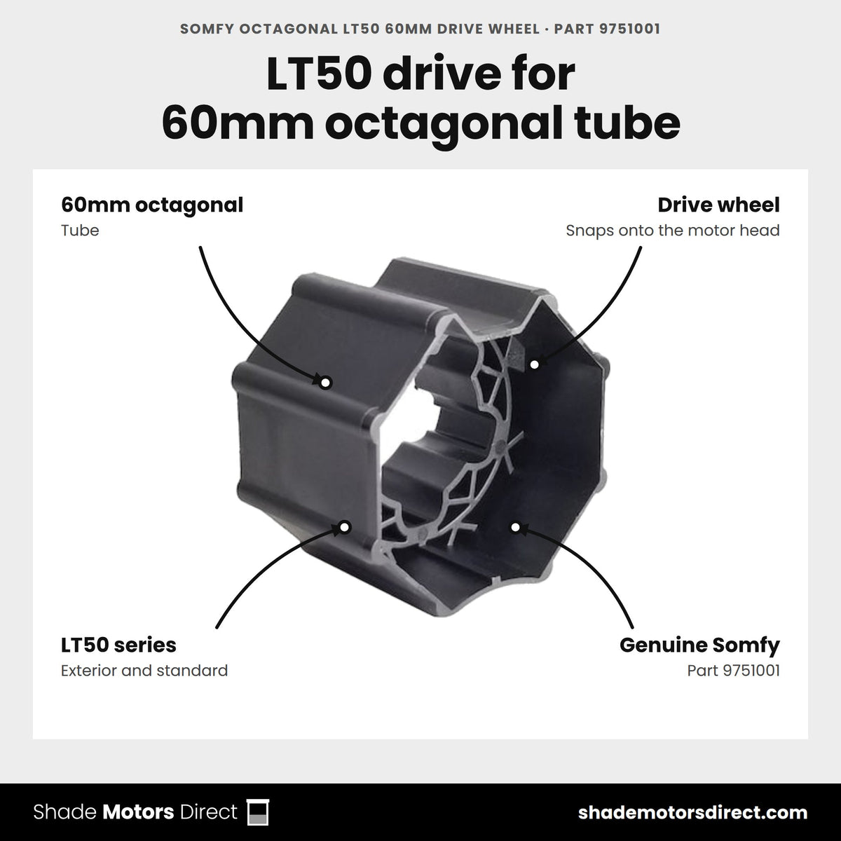 Somfy Octagonal LT50 60mm Drive Wheel, part 9751001, features: 60mm octagonal drive wheel for LT50-series motors, snaps onto the motor head
