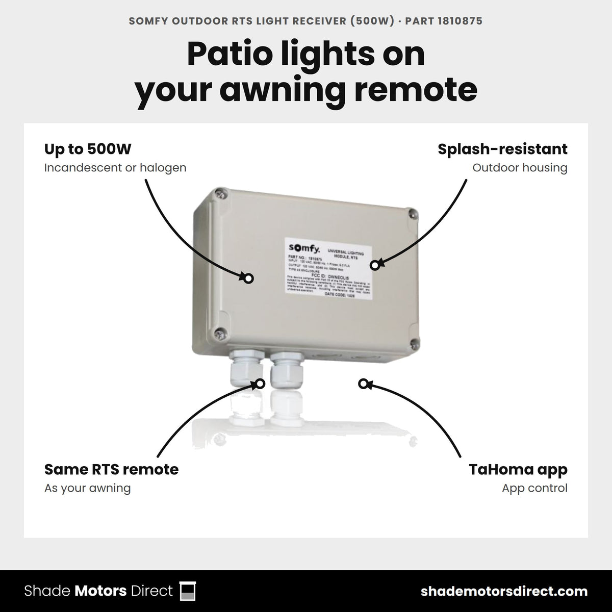 Somfy Outdoor RTS Light Receiver (500W), part 1810875, features: controls incandescent or halogen lighting up to 500W, splash-resistant outdoor housing, RTS, TaHoma app