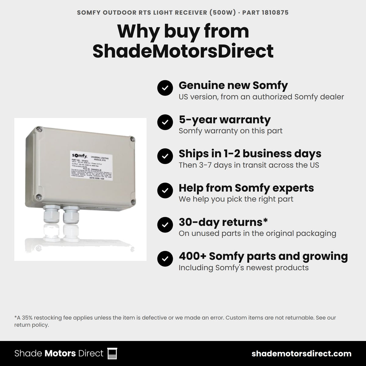 Buy the Somfy Outdoor RTS Light Receiver (500W), part 1810875, genuine new with 5-year warranty, from ShadeMotorsDirect