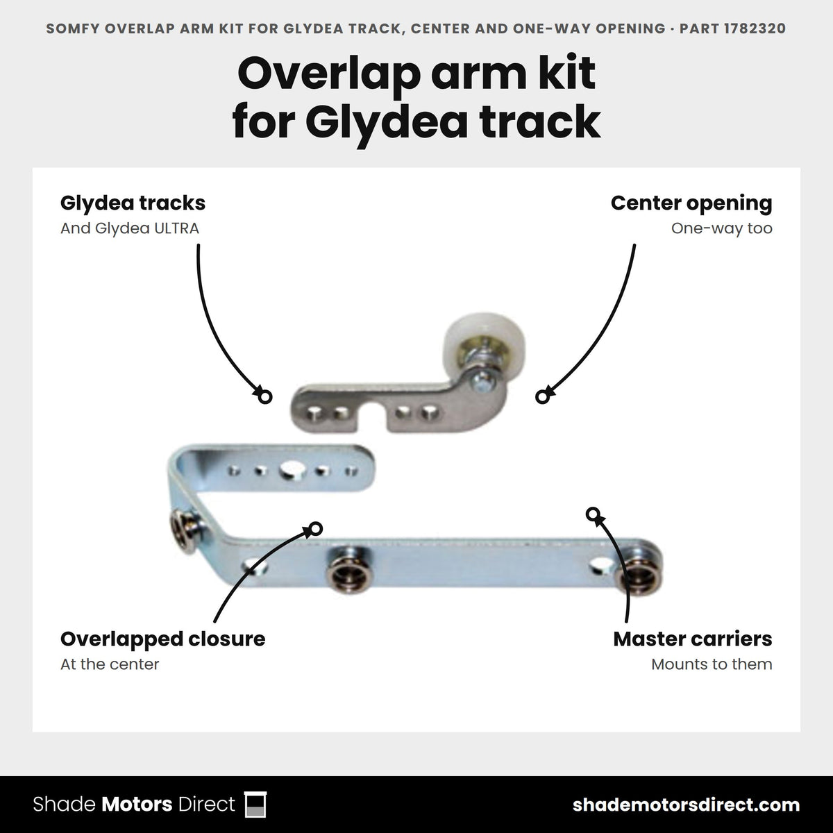 Somfy Overlap Arm Kit for Glydea Track, Center and One-Way Opening, part 1782320, features: arms that mount to Glydea master carriers for an overlapped closure on center-opening draperies