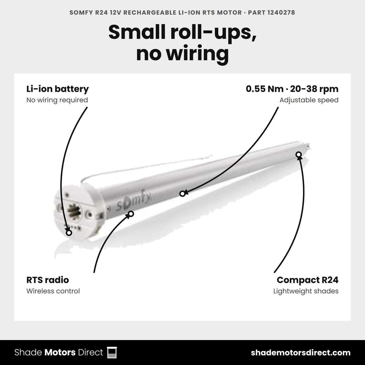 Somfy R24 12V Rechargeable Li-ion RTS Motor, part 1240278, features: 0.55 Nm, adjustable 20-38 rpm, rechargeable Li-ion, RTS radio, compact R24