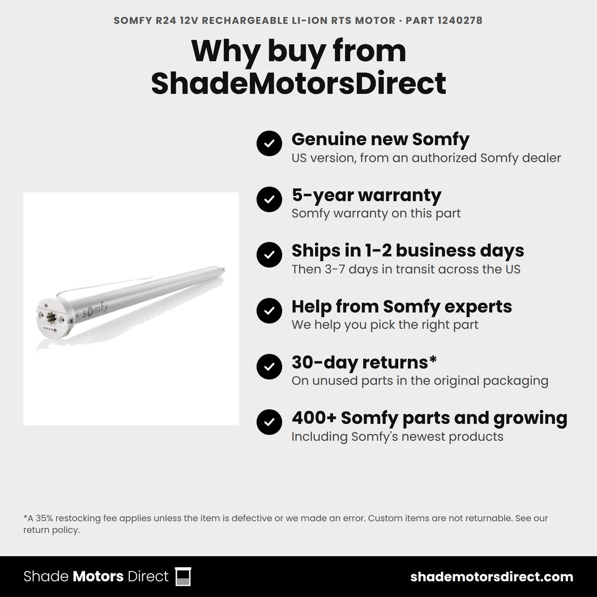 Buy the Somfy R24 12V Rechargeable Li-ion RTS Motor, part 1240278, genuine new with 5-year warranty, from ShadeMotorsDirect