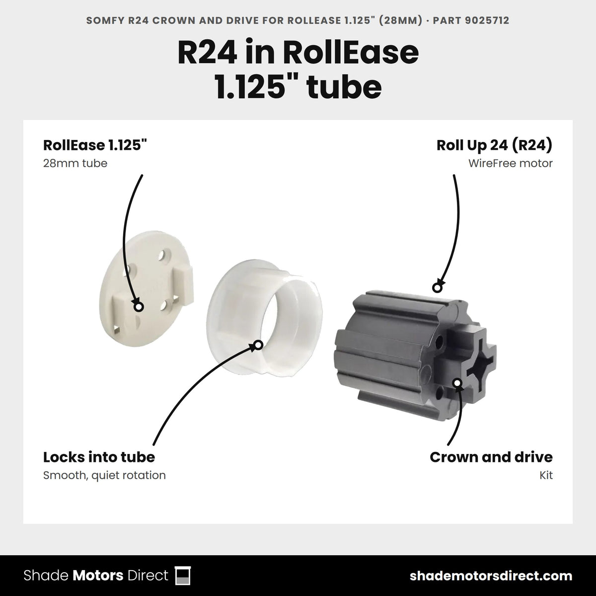 Somfy R24 Crown and Drive for RollEase 1.125" (28mm), part 9025712, features: crown and drive kit for RollEase 1.125 in 28mm tube, built for the Somfy Roll Up 24 R24 WireFree motor