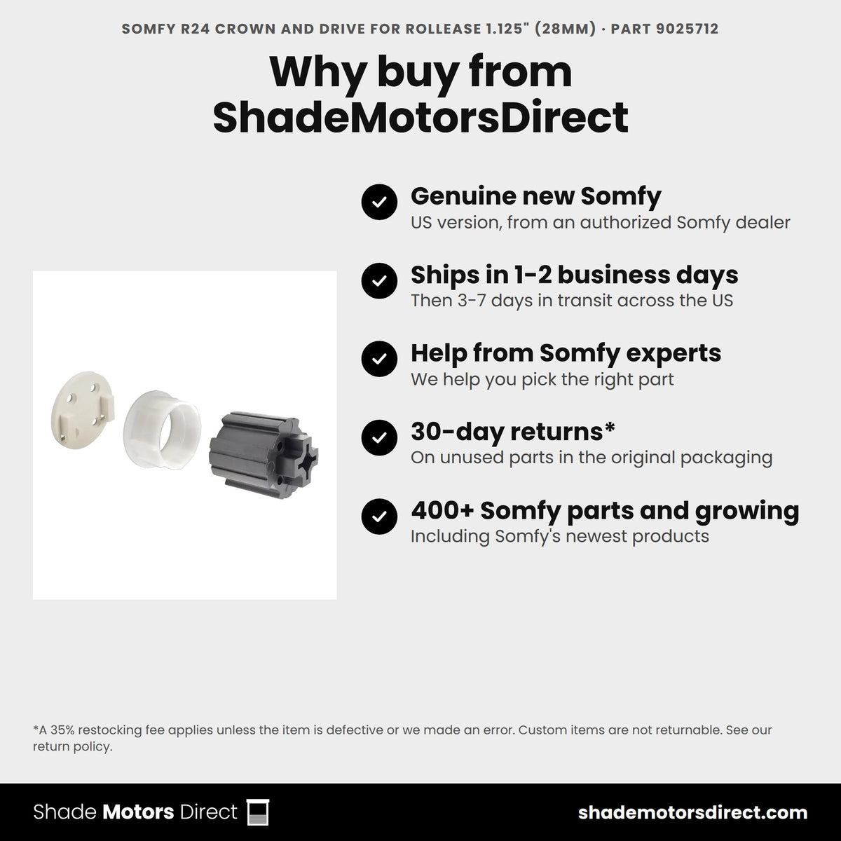 Buy the Somfy R24 Crown and Drive for RollEase 1.125" (28mm), part 9025712, genuine new, from ShadeMotorsDirect