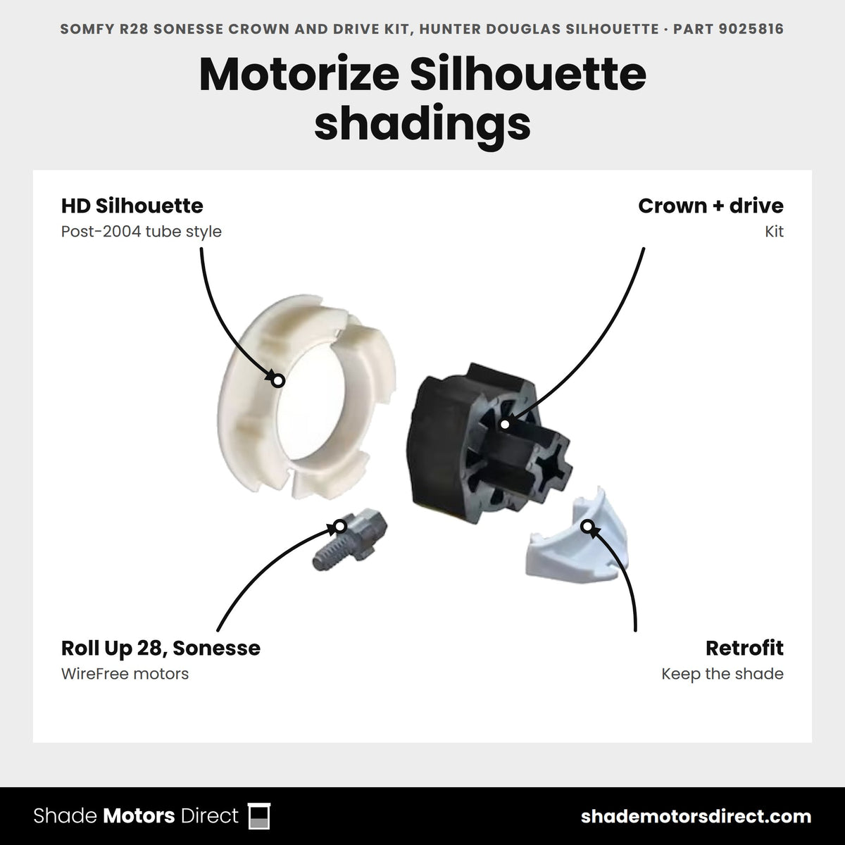Somfy R28 Sonesse Crown and Drive Kit, Hunter Douglas Silhouette, part 9025816, features: crown and drive kit adapting Somfy WireFree motors to post-2004 Hunter Douglas Silhouette tubes