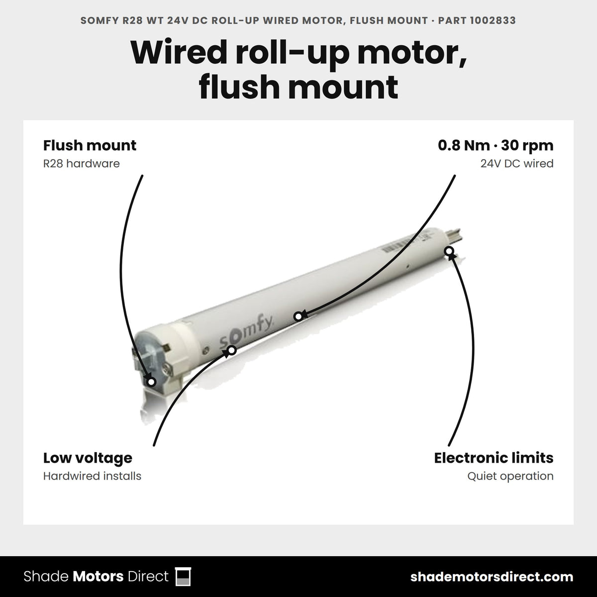 Somfy R28 WT 24V DC Roll-Up Wired Motor, Flush Mount, part 1002833, features: 0.8 Nm, 30 rpm, 24V DC wired, flush mount, electronic limits