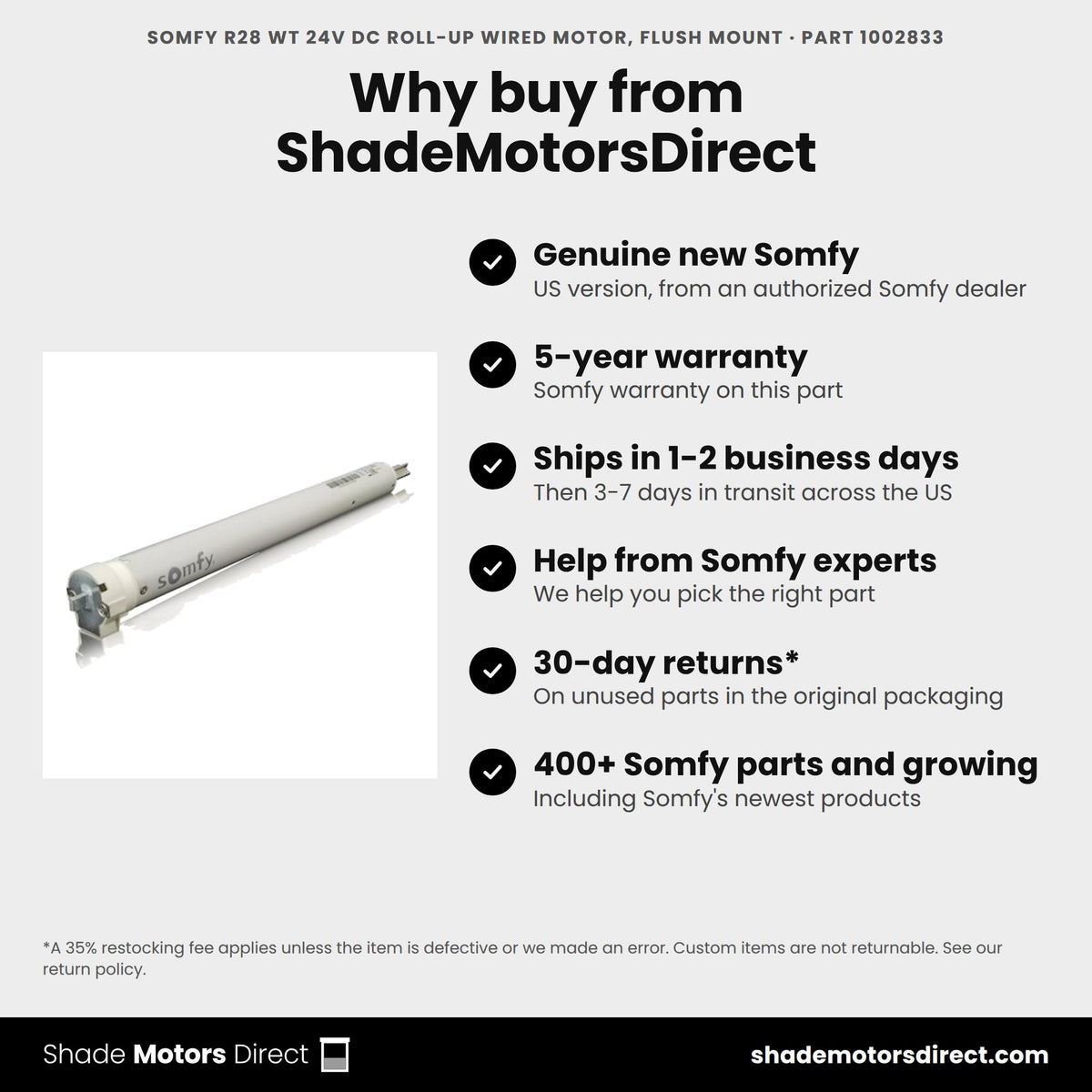 Buy the Somfy R28 WT 24V DC Roll-Up Wired Motor, Flush Mount, part 1002833, genuine new with 5-year warranty, from ShadeMotorsDirect