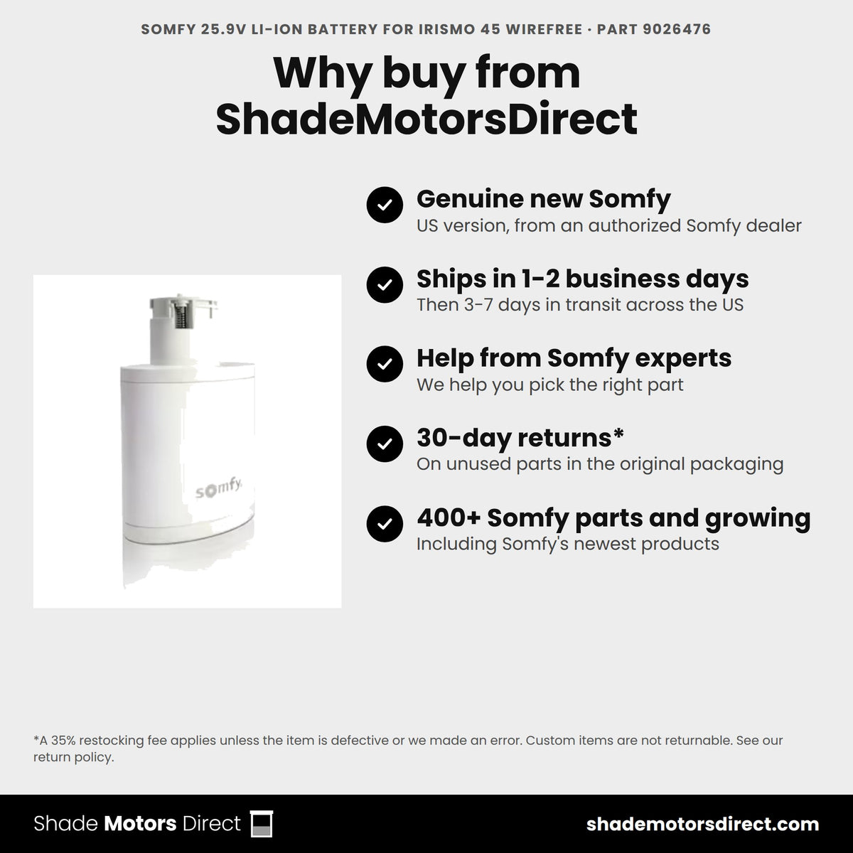 Buy the Somfy 25.9V Li-ion battery for Irismo 45 WireFree, part 9026476, genuine new, from ShadeMotorsDirect