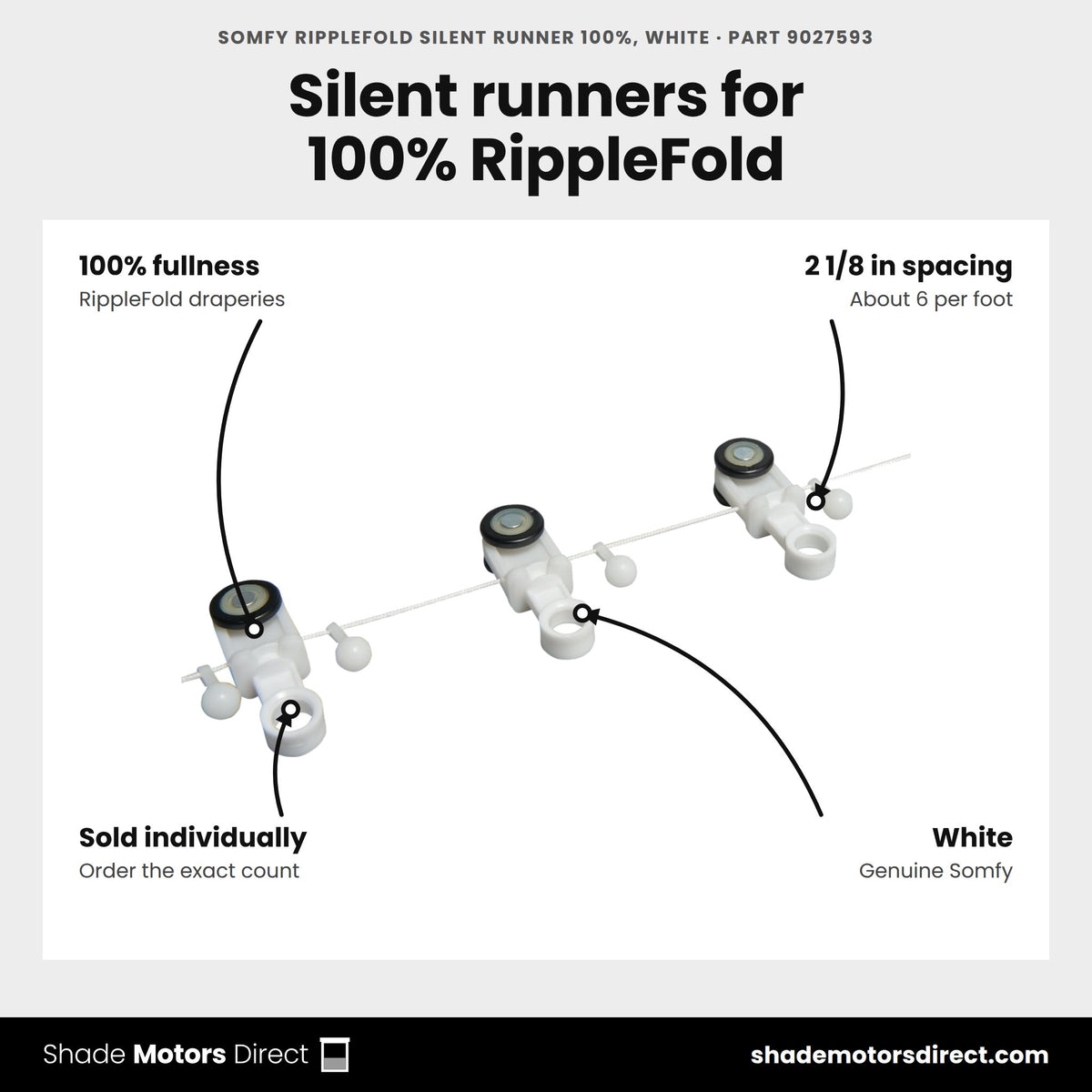 Somfy RippleFold Silent Runner 100%, White, part 9027593, features: 100% RippleFold fullness, 2 1/8 in spacing about 6 per foot, sold individually from a 250 roll, white