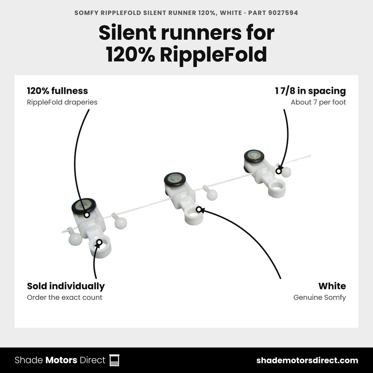 Somfy RippleFold Silent Runner 120%, White, part 9027594, features: 120% RippleFold fullness, 1 7/8 in spacing about 7 per foot, sold individually from a 250 roll, white