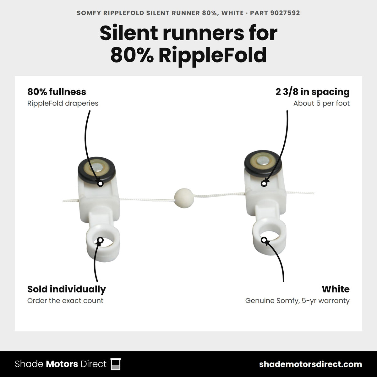 Somfy RippleFold Silent Runner 80%, White, part 9027592, features: 80% RippleFold fullness, 2 3/8 in spacing about 5 per foot, sold individually from a 250 roll, white