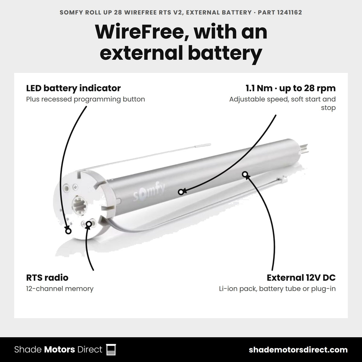 Somfy Roll Up 28 WireFree RTS V2 motor, part 1241162, features: RTS radio, 1.1 Nm, up to 28 rpm, external 12V DC battery, low-battery LED