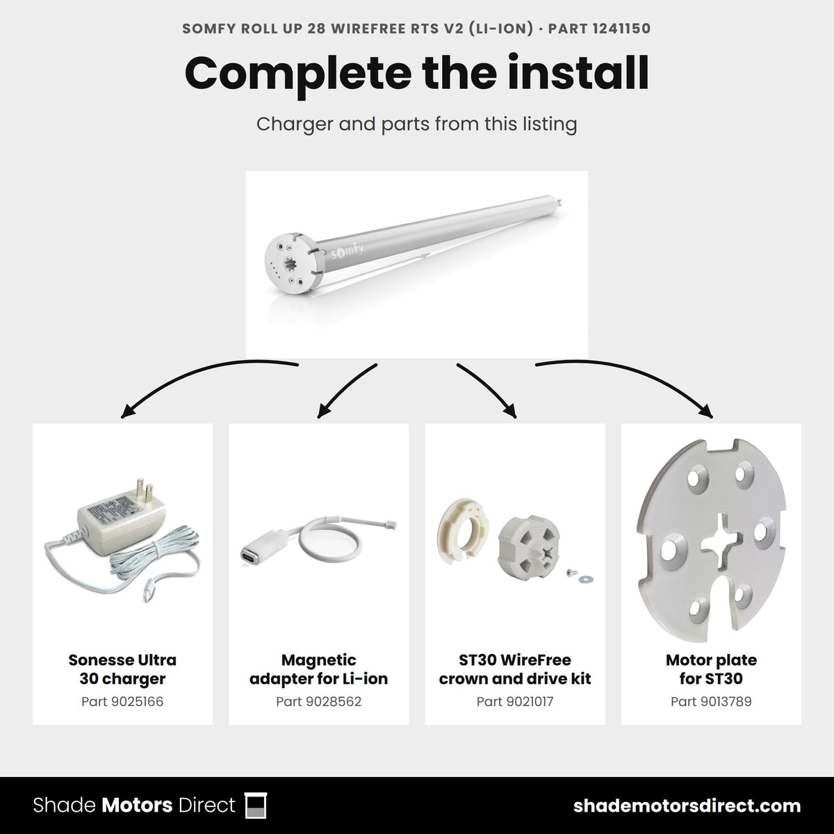 Parts that work with the Somfy Roll Up 28 WireFree RTS V2 Li-ion motor 1241150: Sonesse Ultra 30 charger 9025166, Magnetic adapter for Li-ion 9028562, ST30 WireFree crown and drive kit 9021017, Motor plate for ST30 9013789