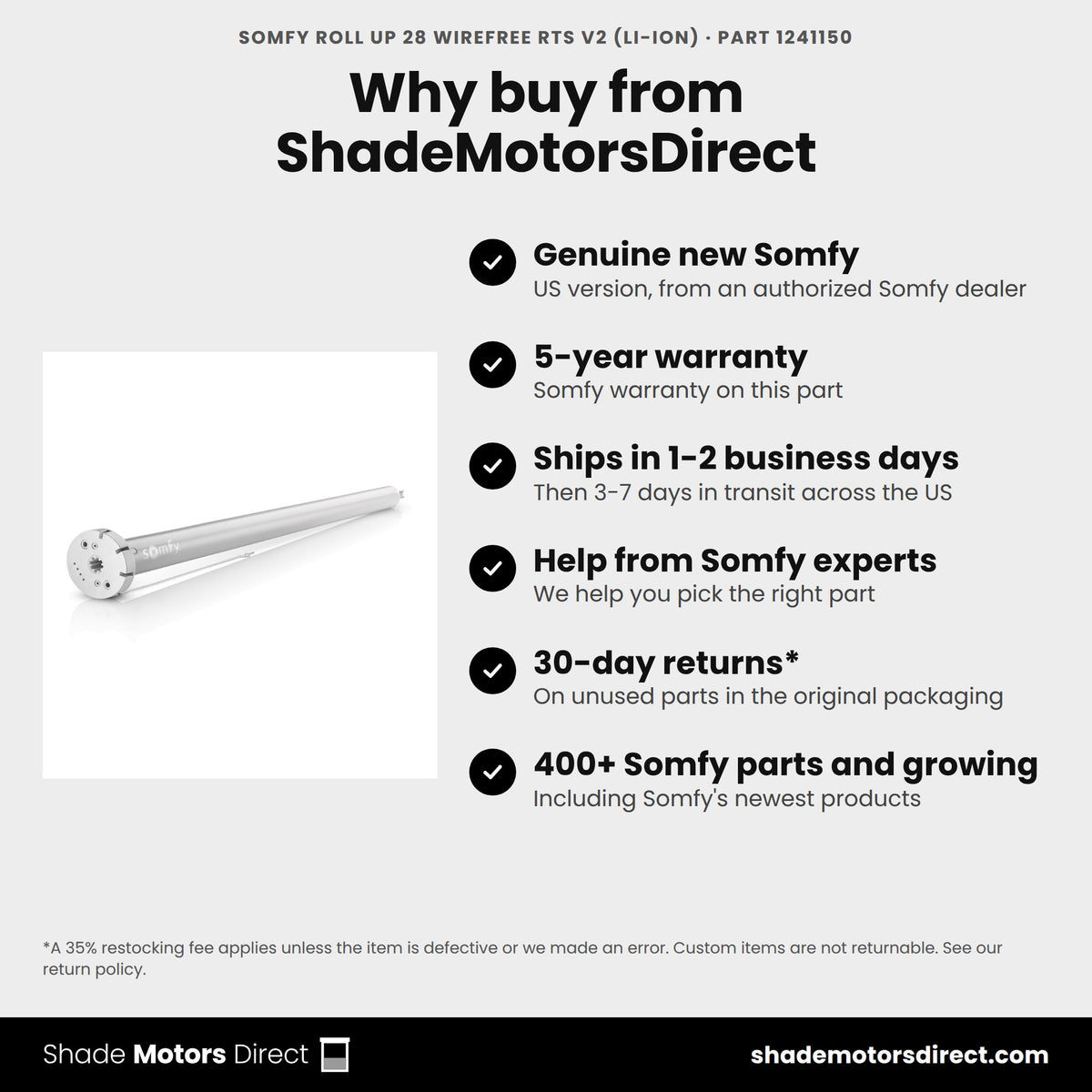 Buy the Somfy Roll Up 28 WireFree RTS V2 (Li-ion), part 1241150, genuine new with 5-year warranty, from ShadeMotorsDirect