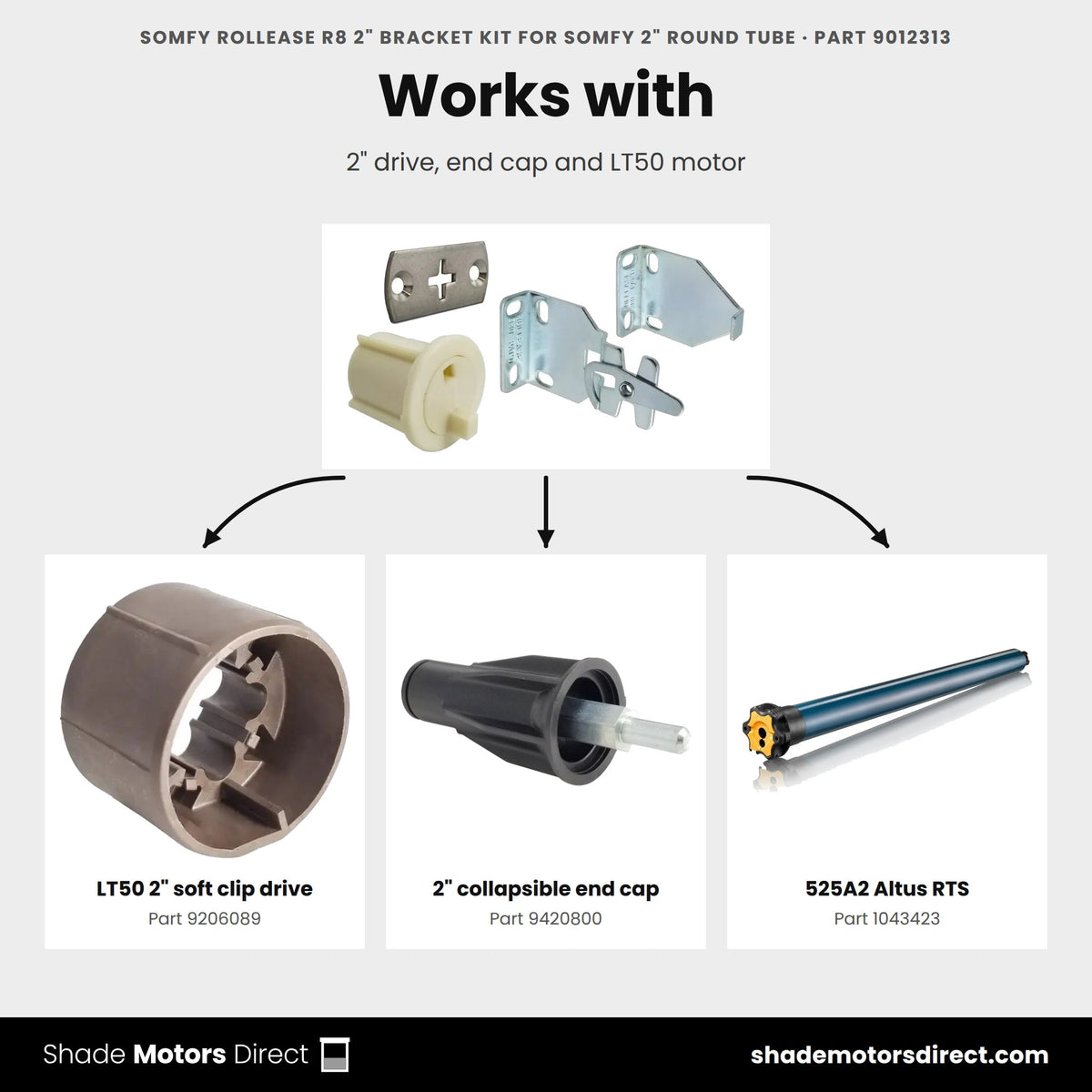 Parts that work with the Somfy RollEase R8 2 in bracket kit 9012313: LT50 2" soft clip drive 9206089, 2" collapsible end cap 9420800, 525A2 Altus RTS 1043423