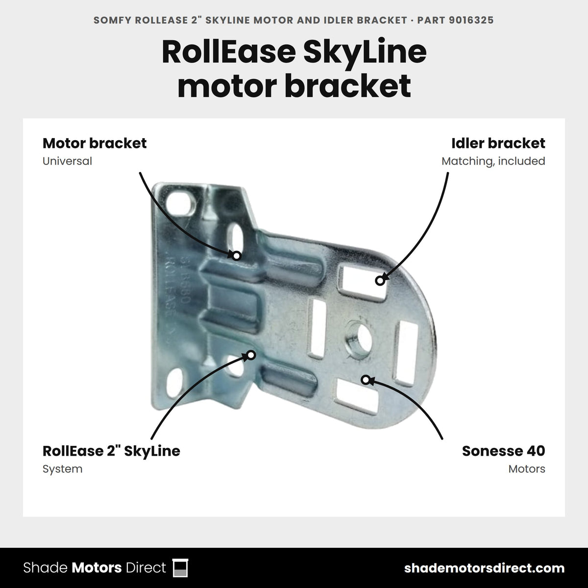 Somfy RollEase 2" SkyLine Motor and Idler Bracket, part 9016325, features: universal motor bracket with matching idler bracket for Sonesse 40 motors in RollEase 2 in SkyLine systems
