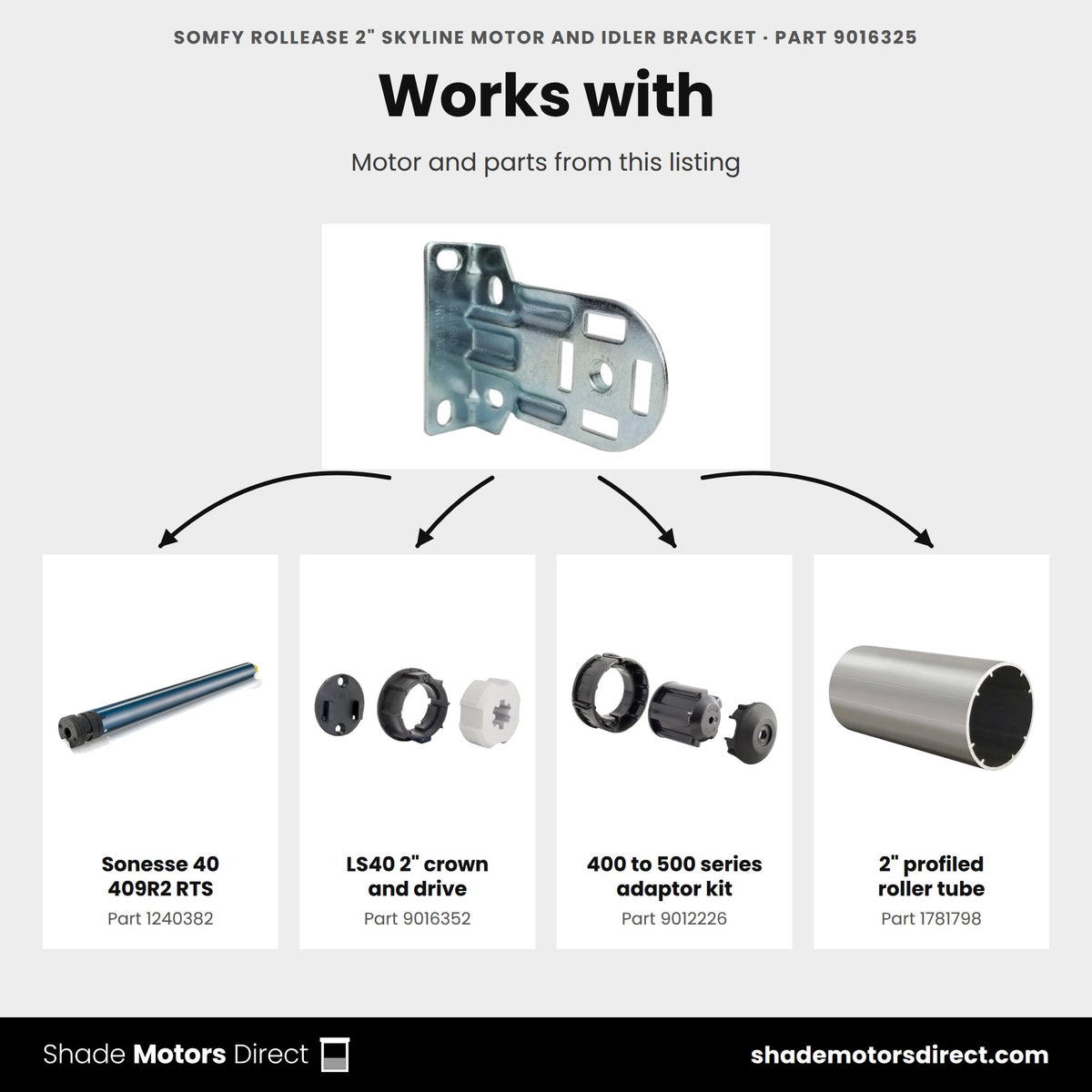 Parts that work with the Somfy RollEase 2 in SkyLine universal motor and idler bracket 9016325: Sonesse 40 409R2 RTS 1240382, LS40 2" crown and drive 9016352, 400 to 500 series adaptor kit 9012226, 2" profiled roller tube 1781798