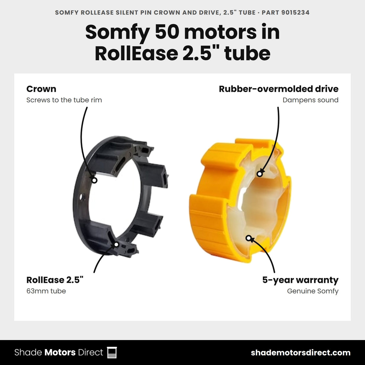 Somfy RollEase Silent Pin Crown and Drive, 2.5" Tube, part 9015234, features: crown screws to the outside rim, rubber-overmolded sound-dampening drive, RollEase 2.5 in 63mm tube, ST-50 and LT-50 class motors