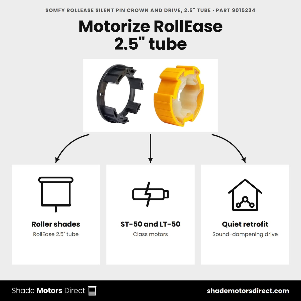 Somfy RollEase silent pin crown and drive adaptor 9015234 uses: quiet motorized roller shades on RollEase 2.5 in tube with Sonesse 506S2, 510S2 and Altus 525A2