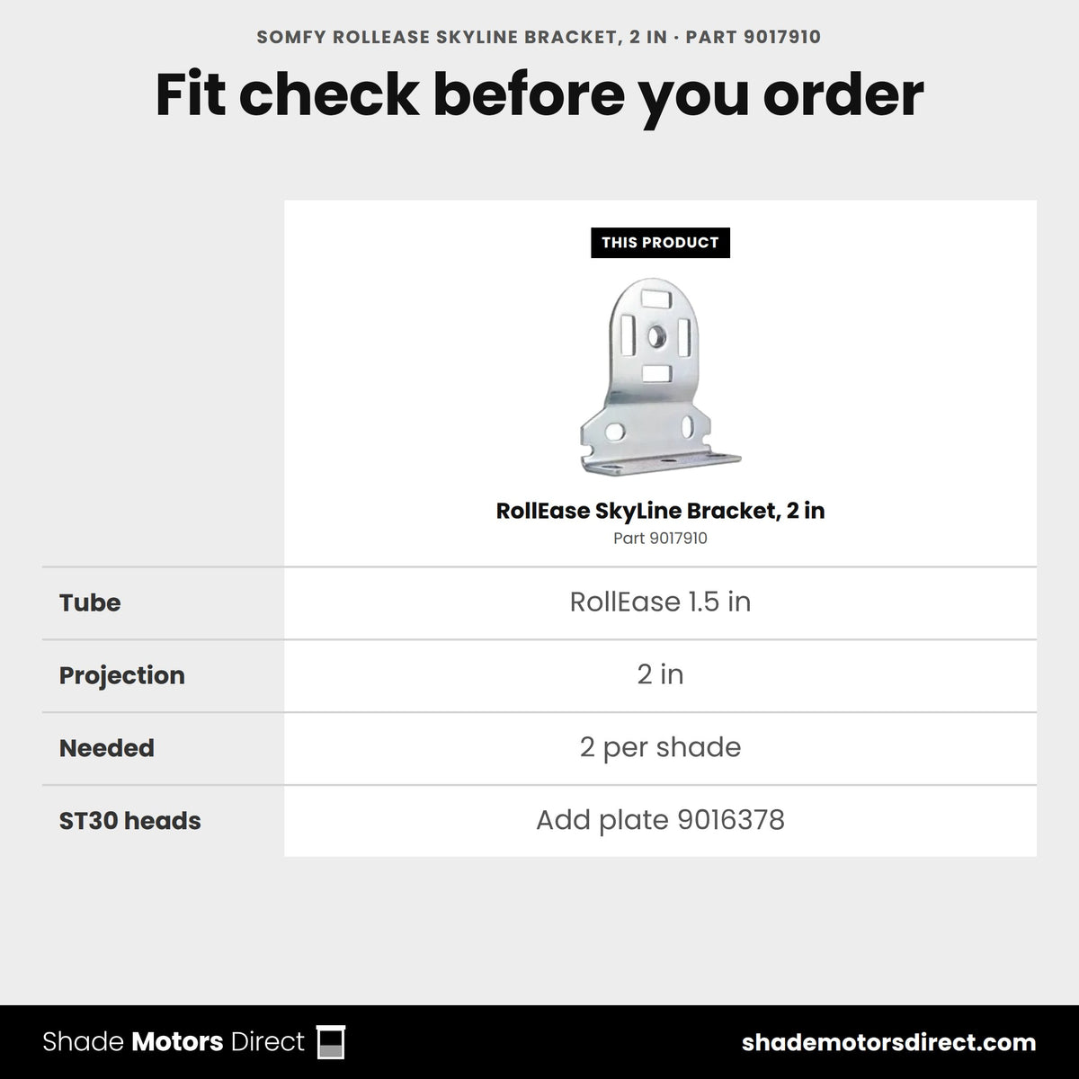 Somfy RollEase SkyLine bracket 9017910 fit check: RollEase 1.5 in tube, 2 in projection, 2 per shade, plate 9016378 for ST30 heads