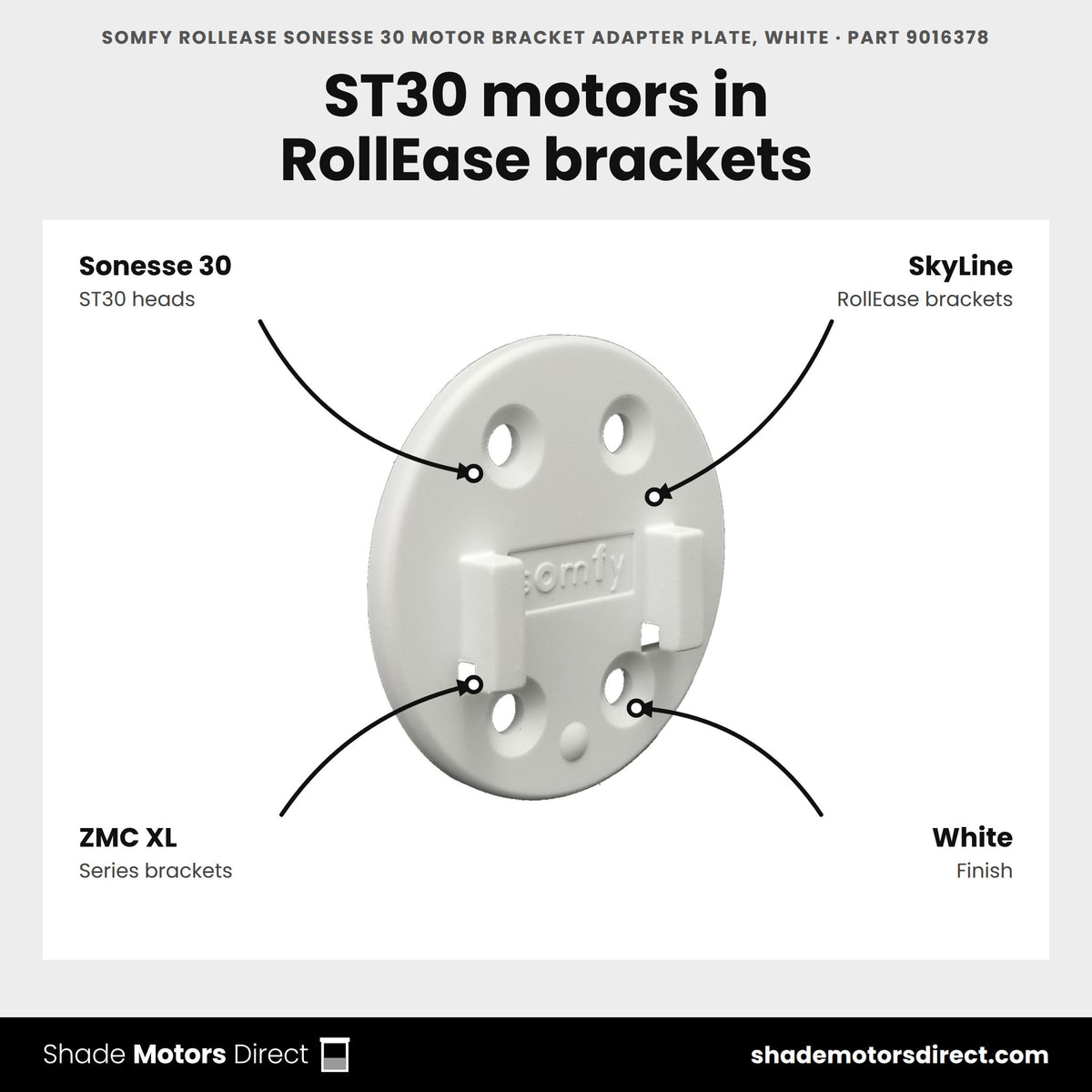 Somfy RollEase Sonesse 30 Motor Bracket Adapter Plate, White, part 9016378, features: white adapter plate that mounts Sonesse 30 / ST30 motor heads in RollEase SkyLine and ZMC XL brackets