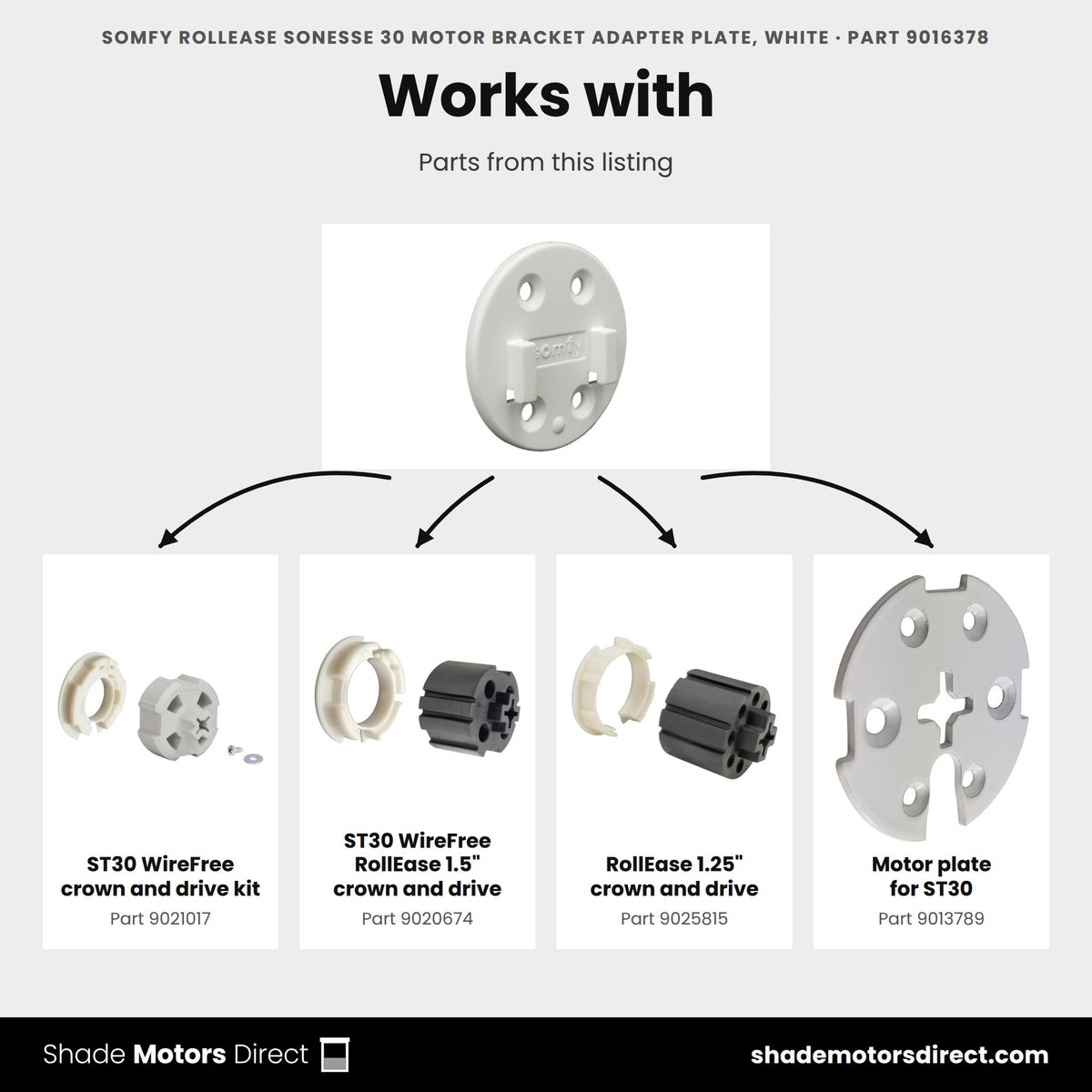 Parts that work with the Somfy RollEase Sonesse 30 motor bracket adapter plate 9016378: ST30 WireFree crown and drive kit 9021017, ST30 WireFree RollEase 1.5" crown and drive 9020674, RollEase 1.25" crown and drive 9025815, Motor plate for ST30 9013789
