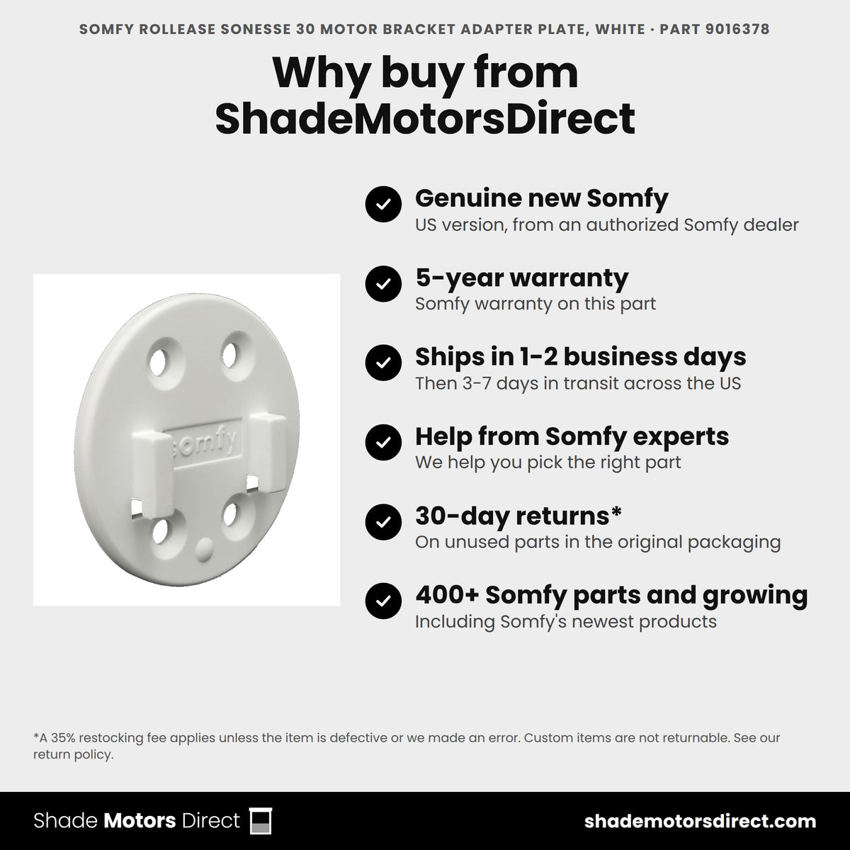 Buy the Somfy RollEase Sonesse 30 Motor Bracket Adapter Plate, White, part 9016378, genuine new with 5-year warranty, from ShadeMotorsDirect