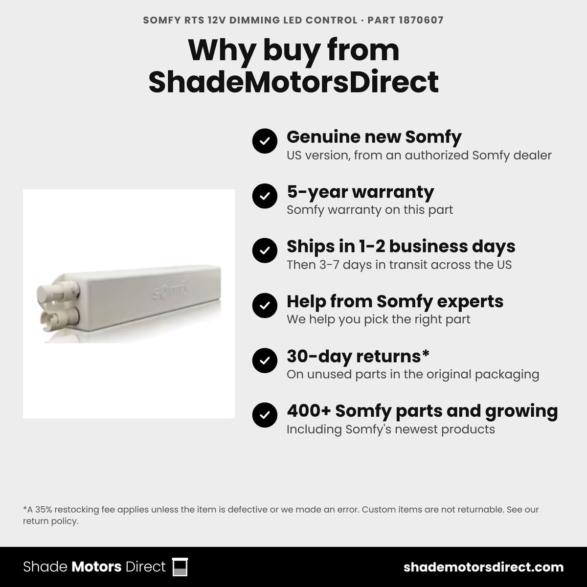 Buy the Somfy RTS 12V Dimming LED Control, part 1870607, genuine new with 5-year warranty, from ShadeMotorsDirect