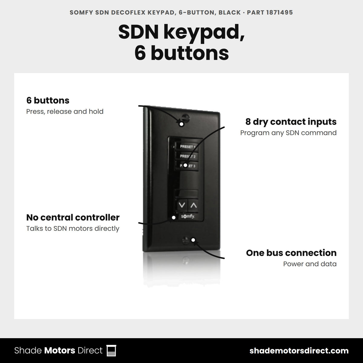 Somfy SDN DecoFlex Keypad, 6-Button, Black, part 1871495, features: 6 programmable buttons with press, release and hold, 8 dry contact inputs, single SDN bus connection for power and data, black