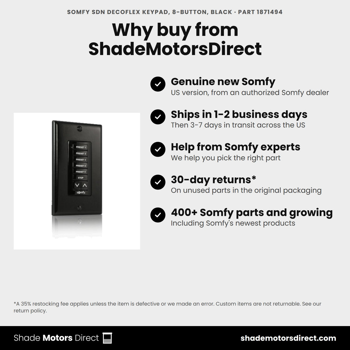 Buy the Somfy SDN DecoFlex Keypad, 8-Button, Black, part 1871494, genuine new, from ShadeMotorsDirect