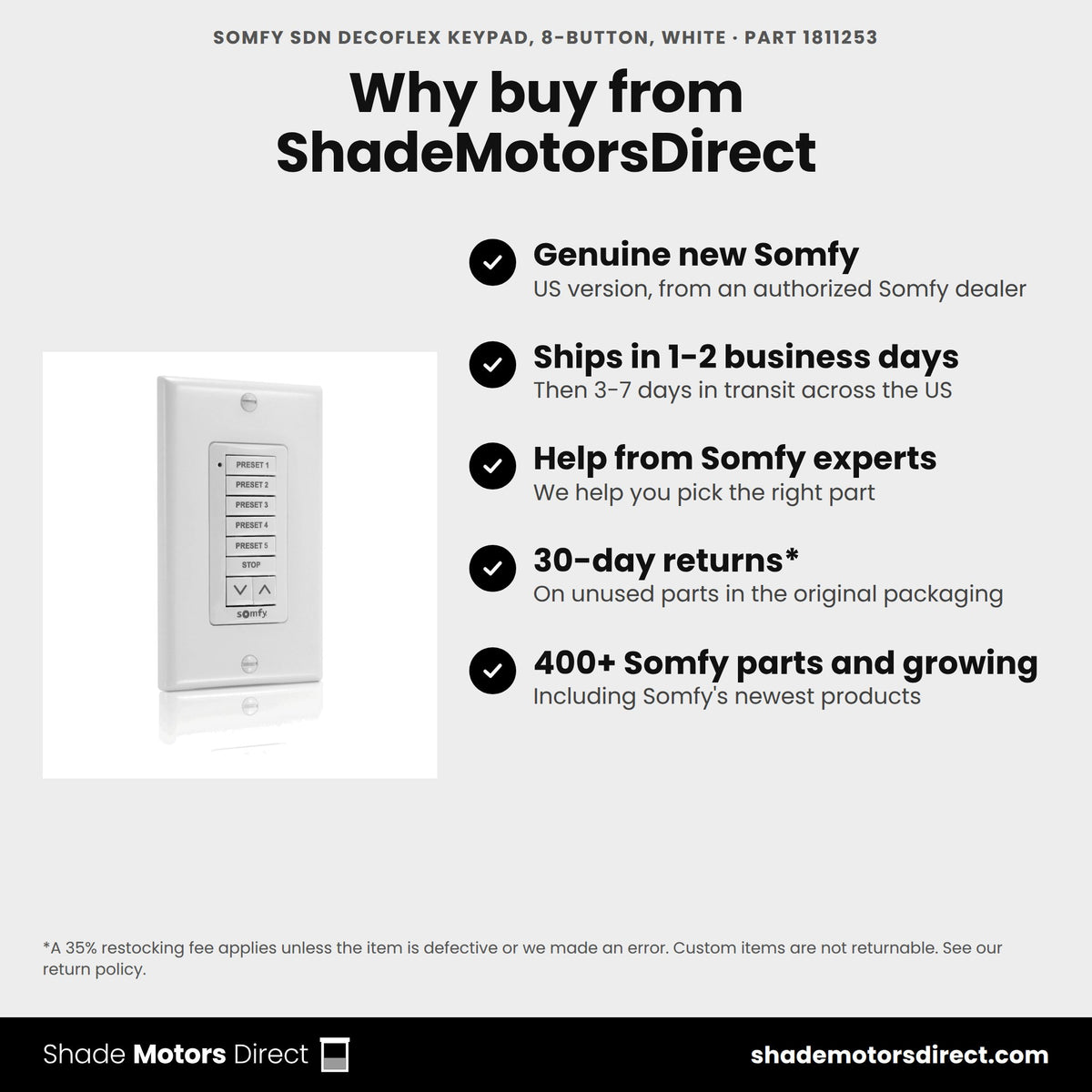 Buy the Somfy SDN DecoFlex Keypad, 8-Button, White, part 1811253, genuine new, from ShadeMotorsDirect