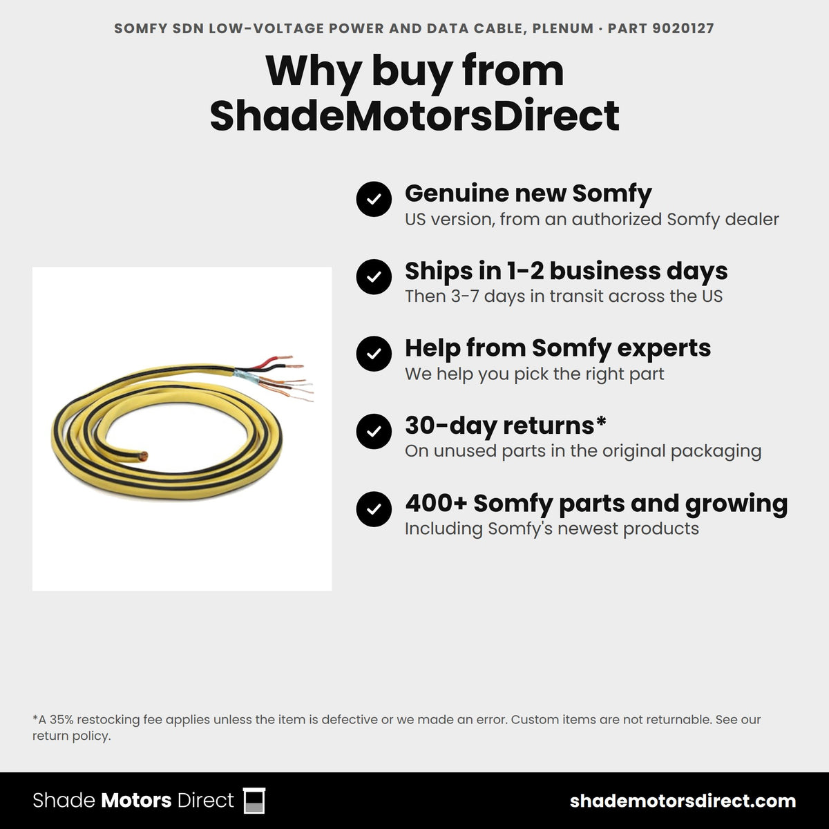 Buy the Somfy SDN Low-Voltage Power and Data Cable, Plenum, part 9020127, genuine new, from ShadeMotorsDirect