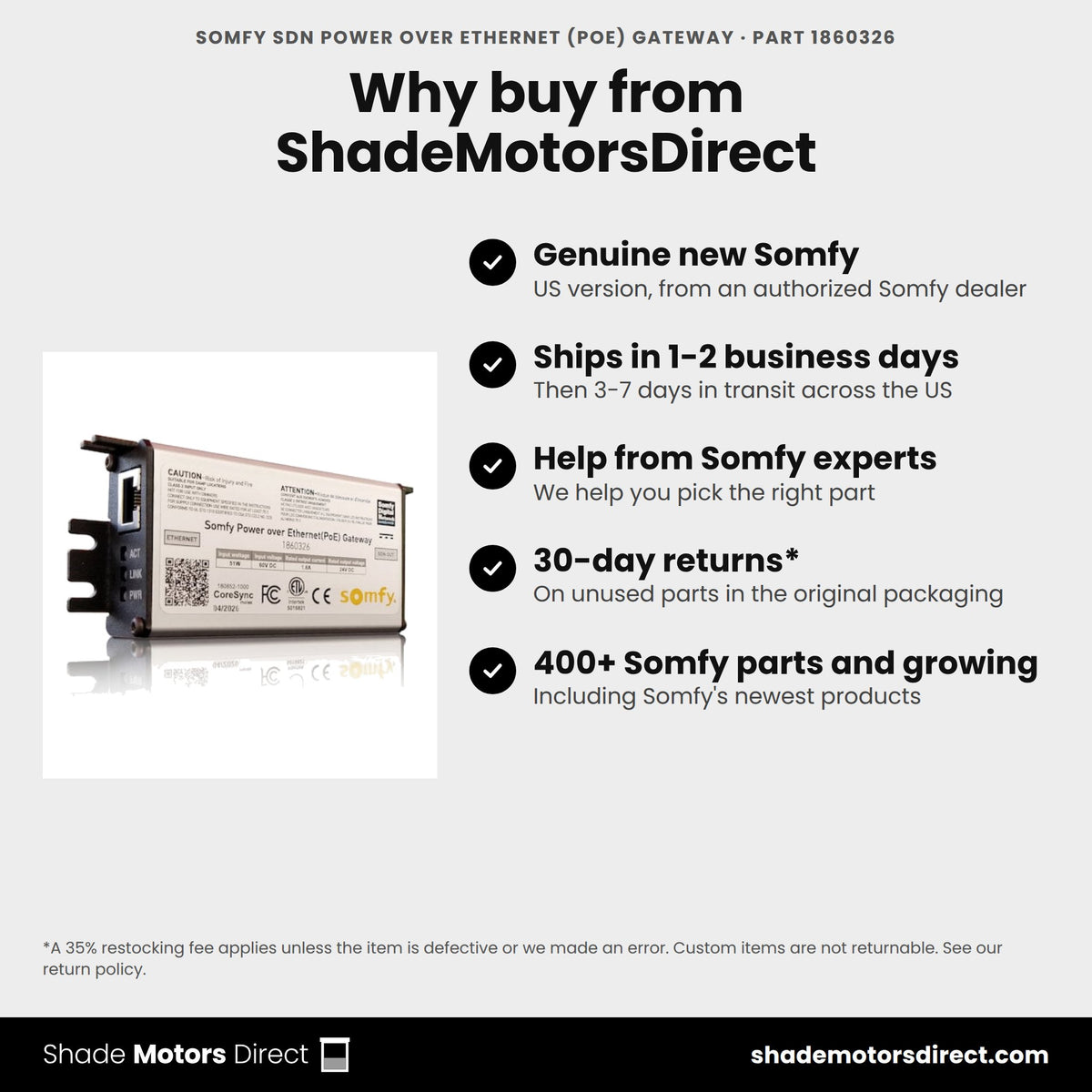 Buy the Somfy SDN Power over Ethernet (PoE) Gateway, part 1860326, genuine new, from ShadeMotorsDirect