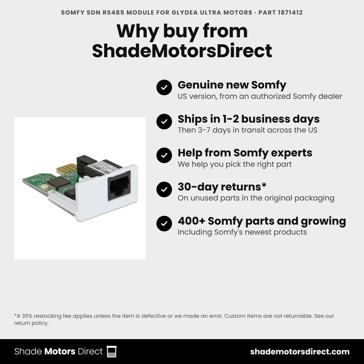 Buy the Somfy SDN RS485 Module for Glydea ULTRA Motors, part 1871412, genuine new, from ShadeMotorsDirect