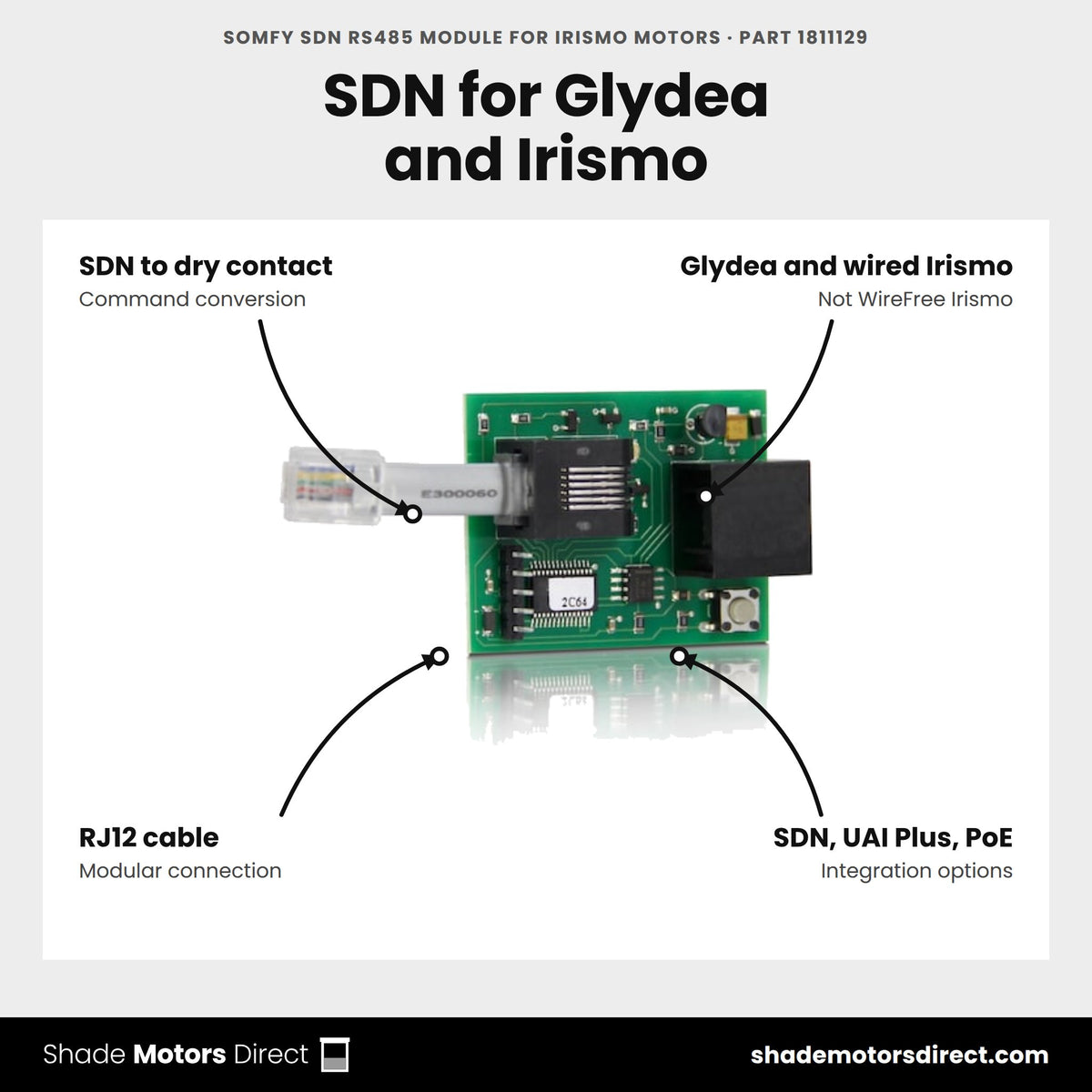 Somfy SDN RS485 Module for Irismo Motors, part 1811129, features: converts SDN RS485 commands to dry contact, fits Glydea and wired Irismo drapery motors, RJ12 modular cable