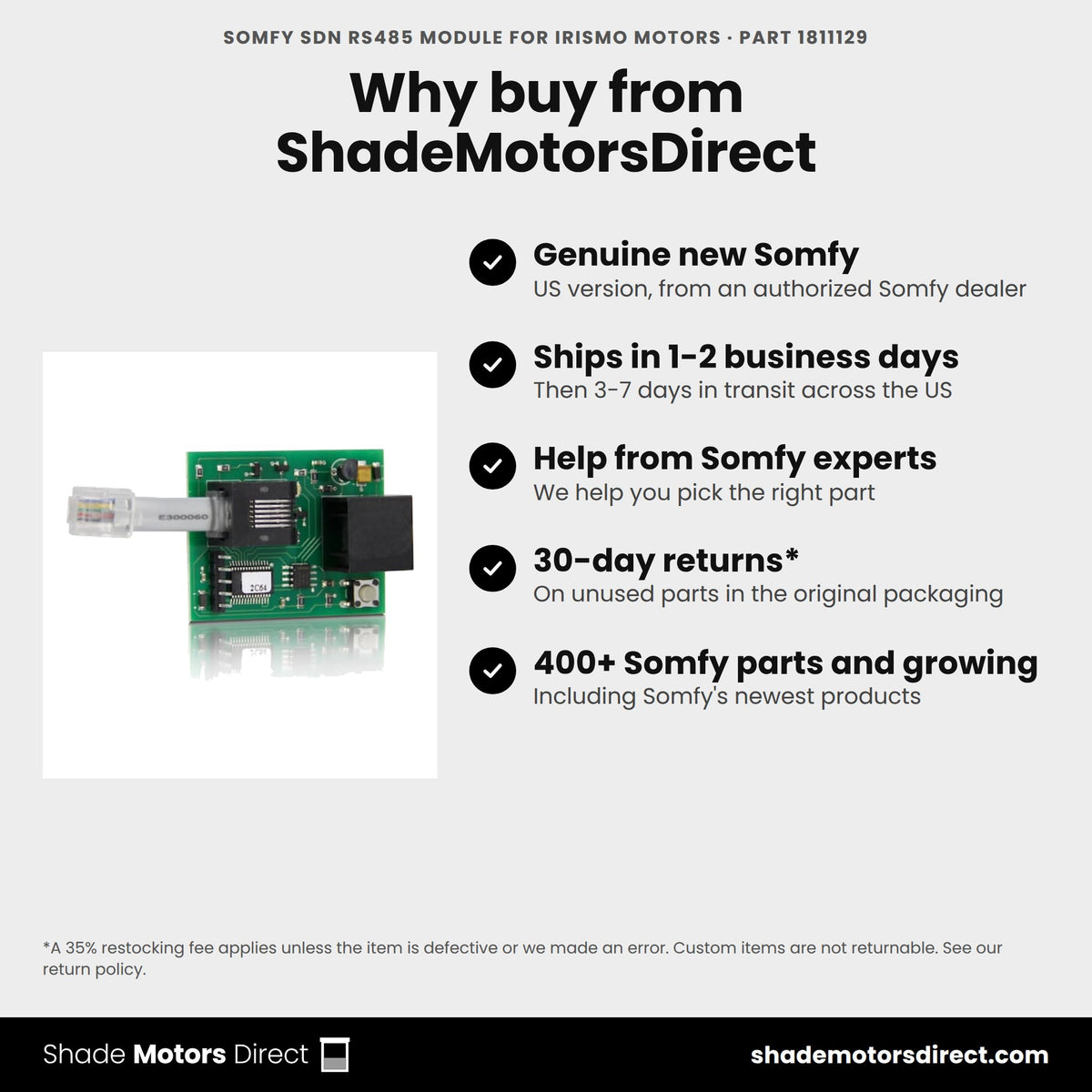 Buy the Somfy SDN RS485 Module for Irismo Motors, part 1811129, genuine new, from ShadeMotorsDirect