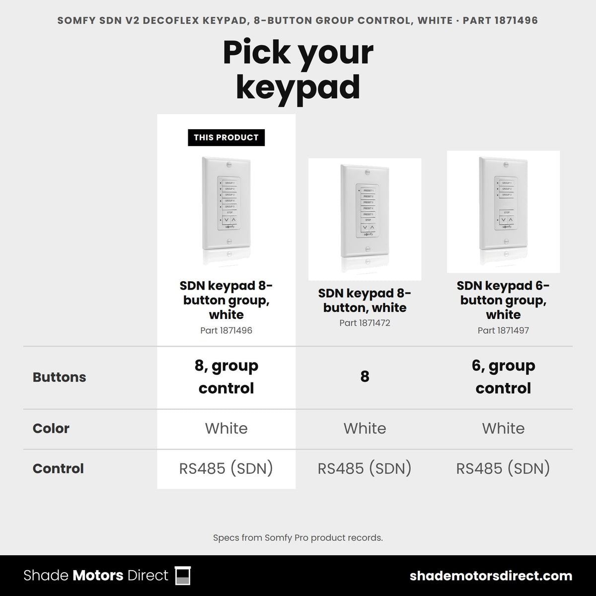 Somfy SDN DecoFlex 8-button keypad 1871496 compared: SDN keypad 8-button, white 1871472, SDN keypad 6-button group, white 1871497