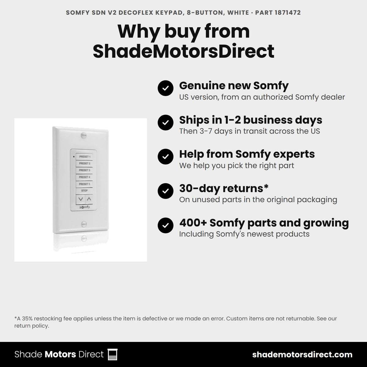 Buy the Somfy SDN V2 DecoFlex Keypad, 8-Button, White, part 1871472, genuine new, from ShadeMotorsDirect