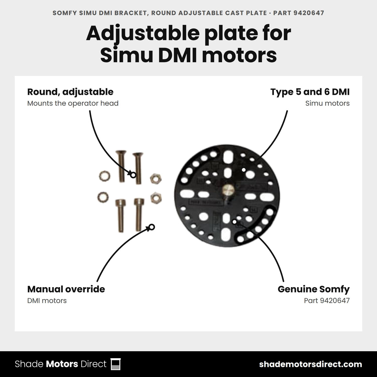 Somfy Simu DMI Bracket, Round Adjustable Cast Plate, part 9420647, features: Round, adjustable bracket for Simu Type 5 and 6 DMI motors, genuine Somfy part 9420647