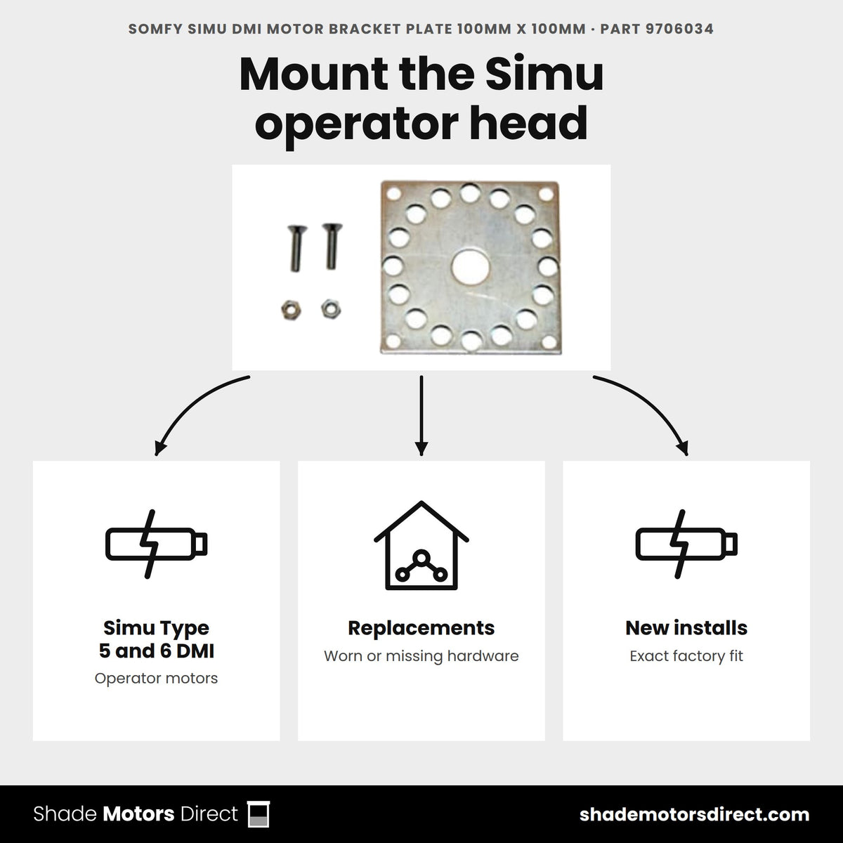 Somfy Simu DMI plate 100mm 9706034 uses: Simu operator motor installs and replacement mounting hardware