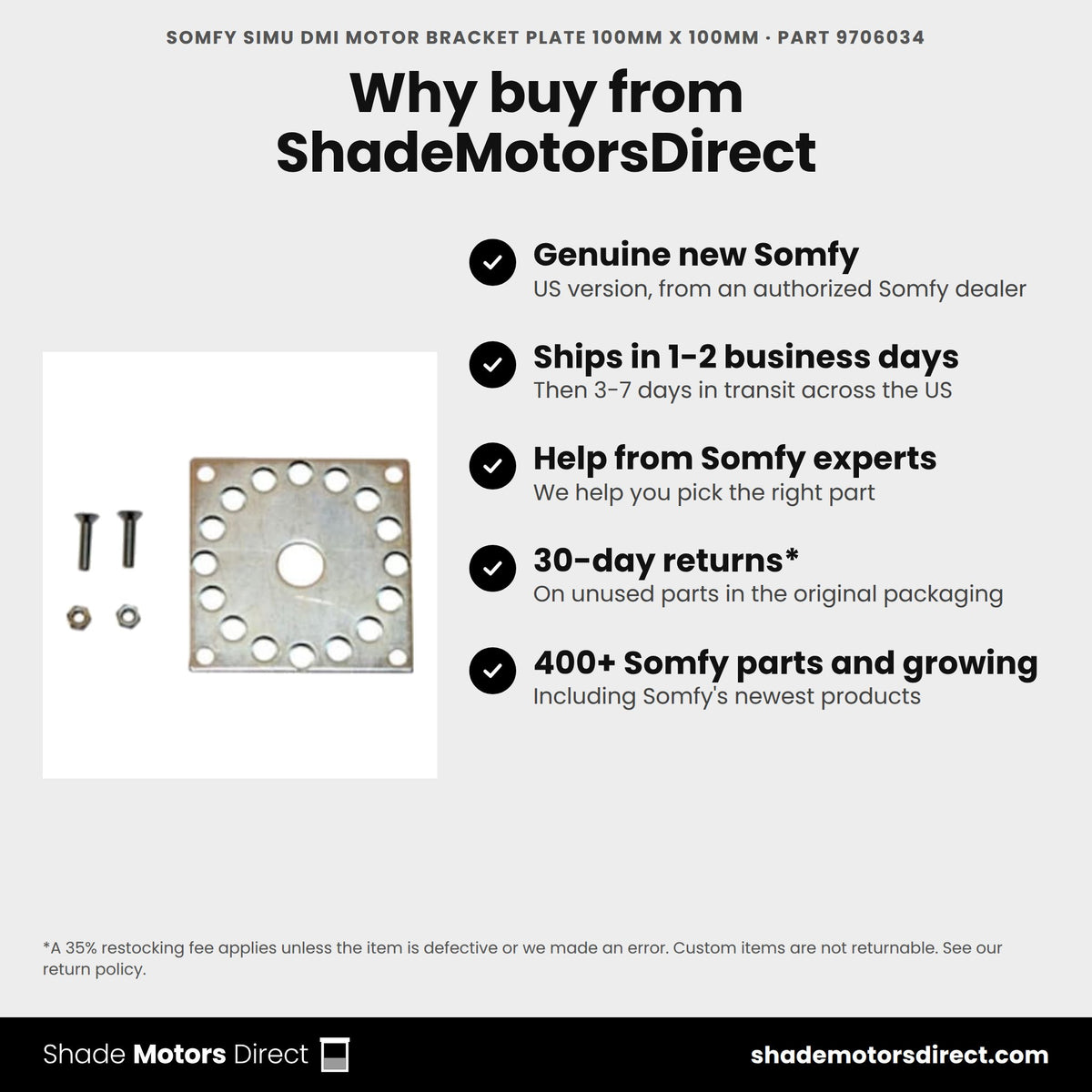 Buy the Somfy Simu DMI Motor Bracket Plate 100mm x 100mm, part 9706034, genuine new, from ShadeMotorsDirect