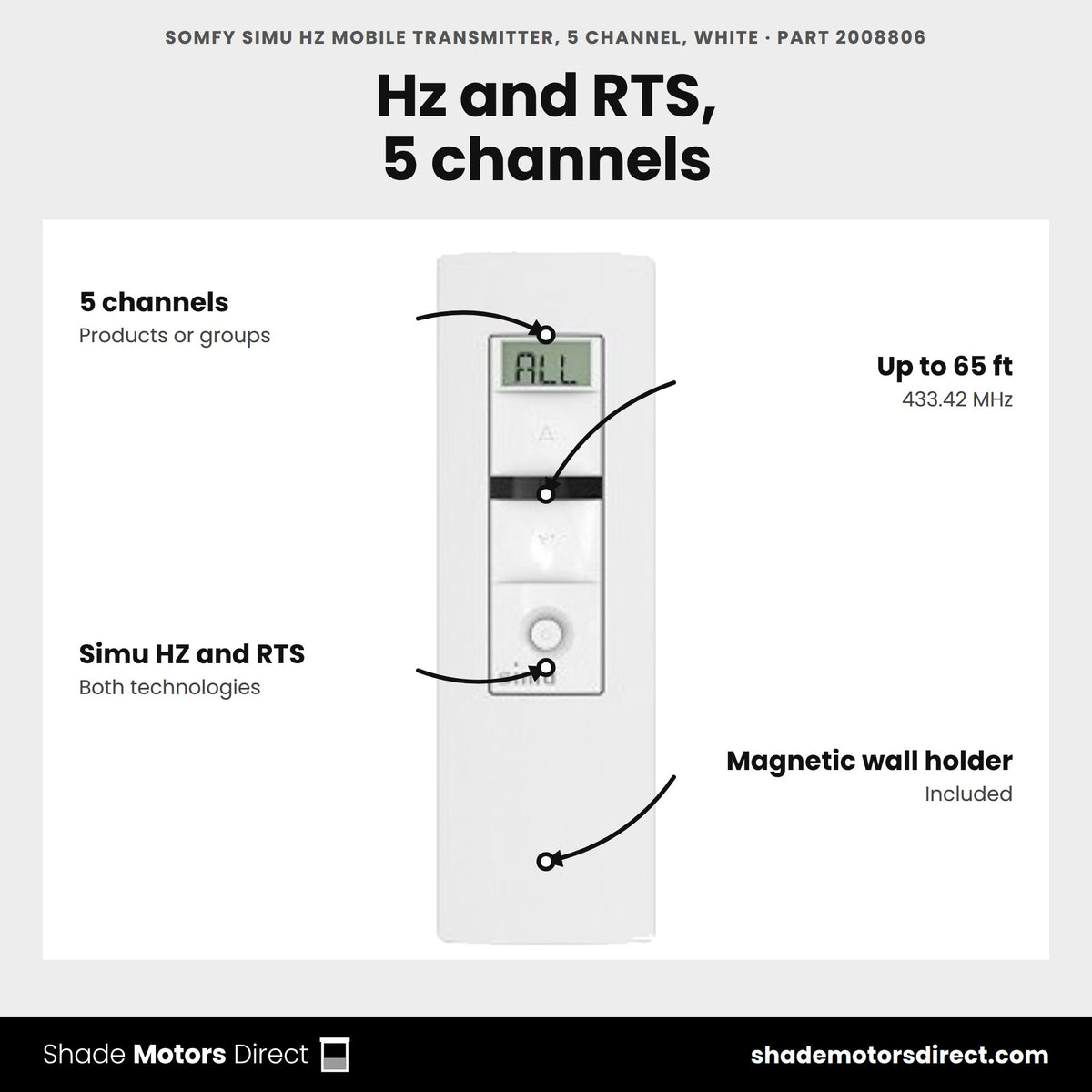 Somfy Simu Hz Mobile Transmitter, 5 channel, white, part 2008806, features: 5 channels, up to 65 ft at 433.42 MHz, Simu HZ and Somfy RTS compatible, magnetic wall holder, favorite-position stop