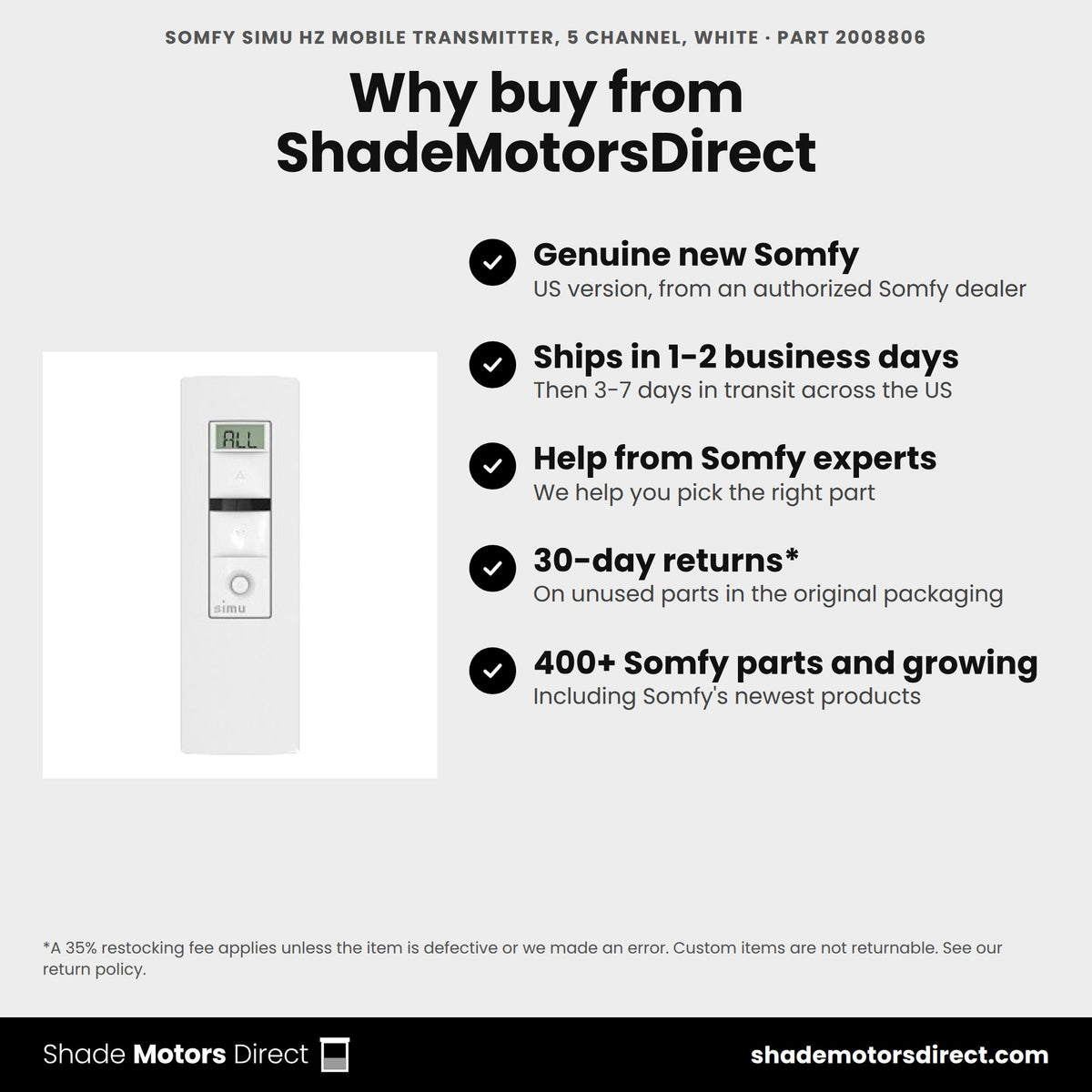 Buy the Somfy Simu Hz Mobile Transmitter, 5 channel, white, part 2008806, genuine new, from ShadeMotorsDirect