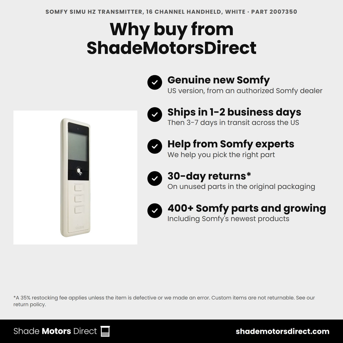 Buy the Somfy Simu Hz Transmitter, 16 channel handheld, white, part 2007350, genuine new, from ShadeMotorsDirect