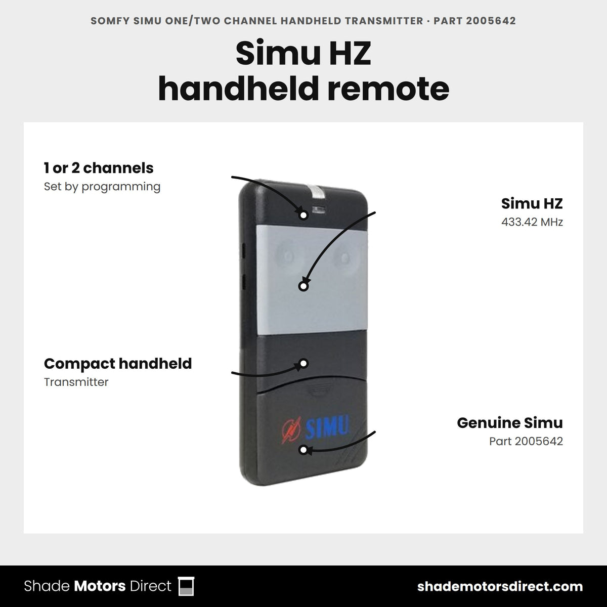 Somfy Simu One/Two Channel Handheld Transmitter, part 2005642, features: 1 or 2 channels depending on programming, Simu HZ 433.42 MHz, compact handheld