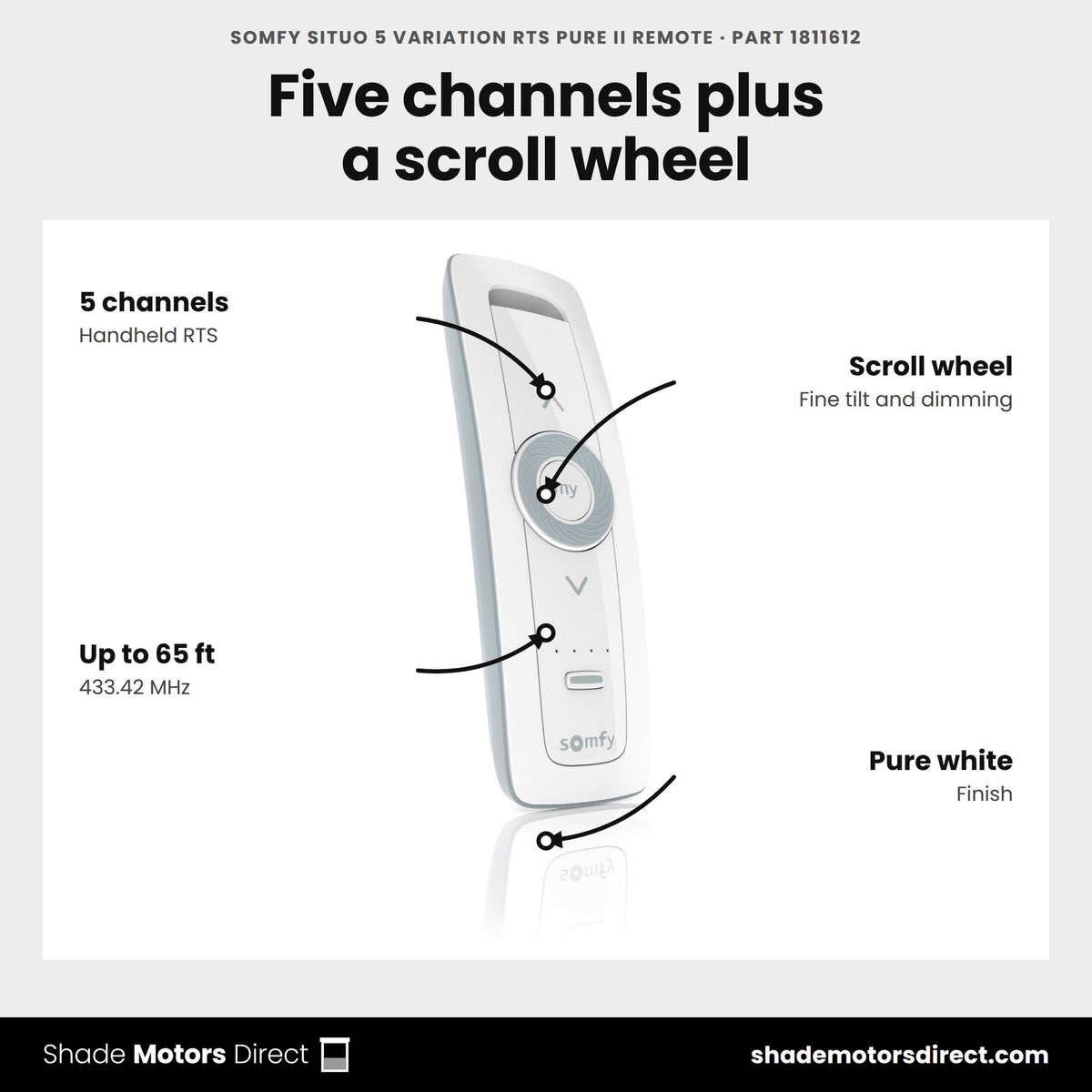 Somfy Situo 5 Variation RTS Pure II Remote, part 1811612, features: five RTS channels with a scroll wheel for precise tilting and dimming, wall holder included